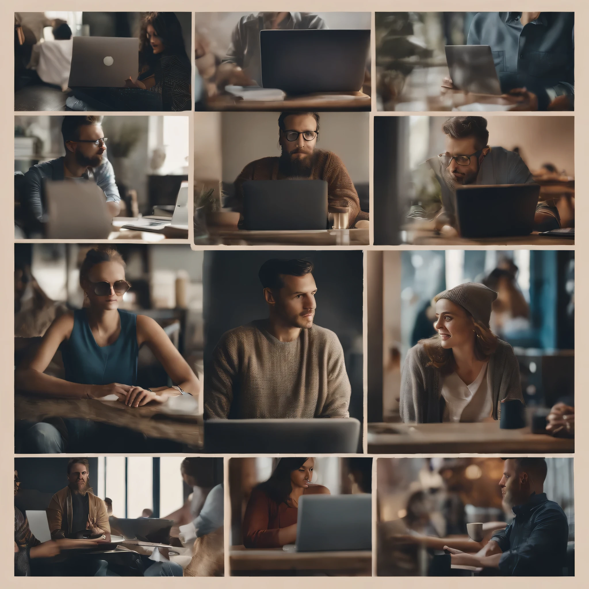 a group of digital nomads, men and women, casual outfits, working with labtops