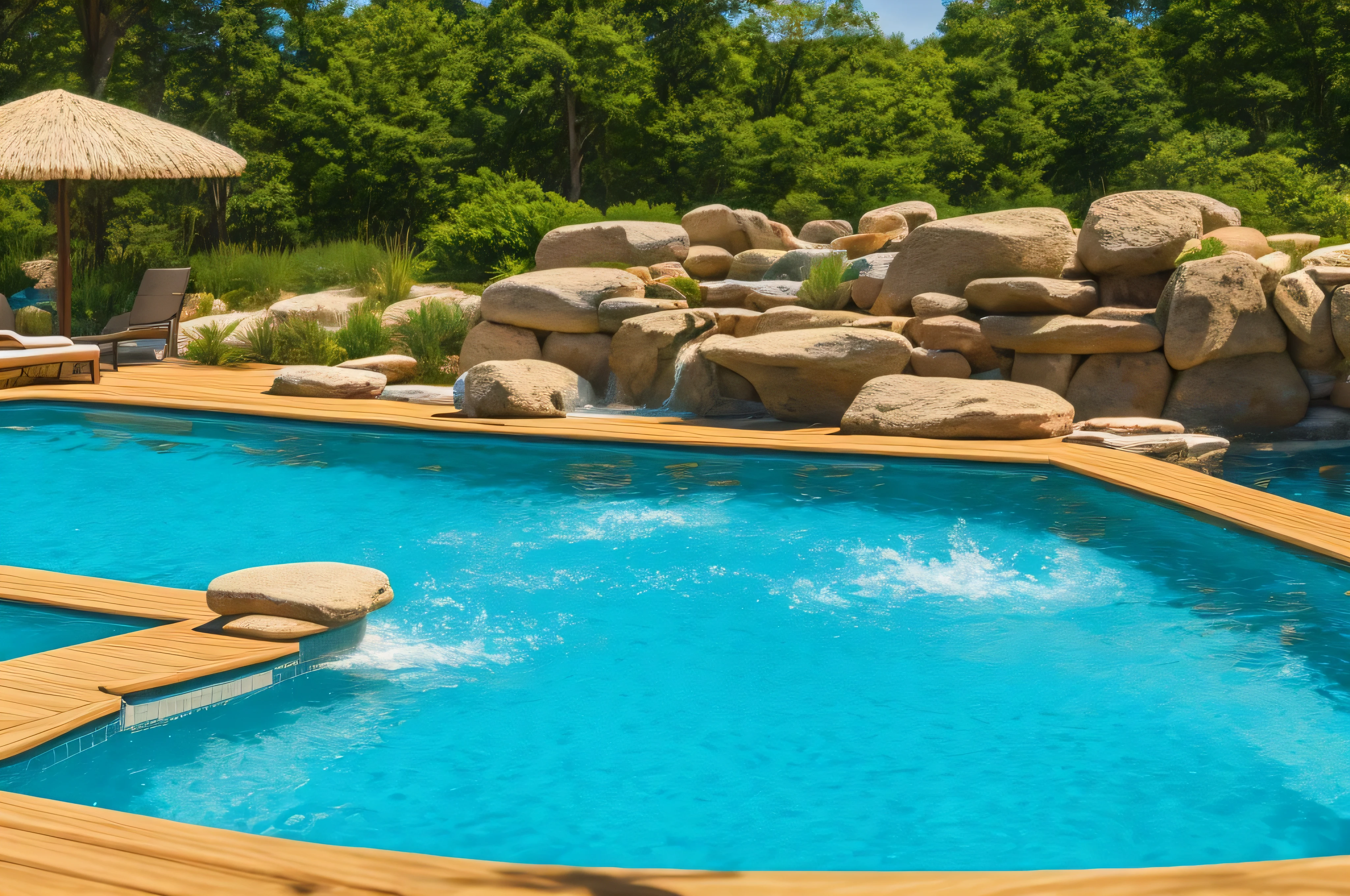 cozy swimming pool, realistic, sharp focus, depth of field, canon, dynamic lighting