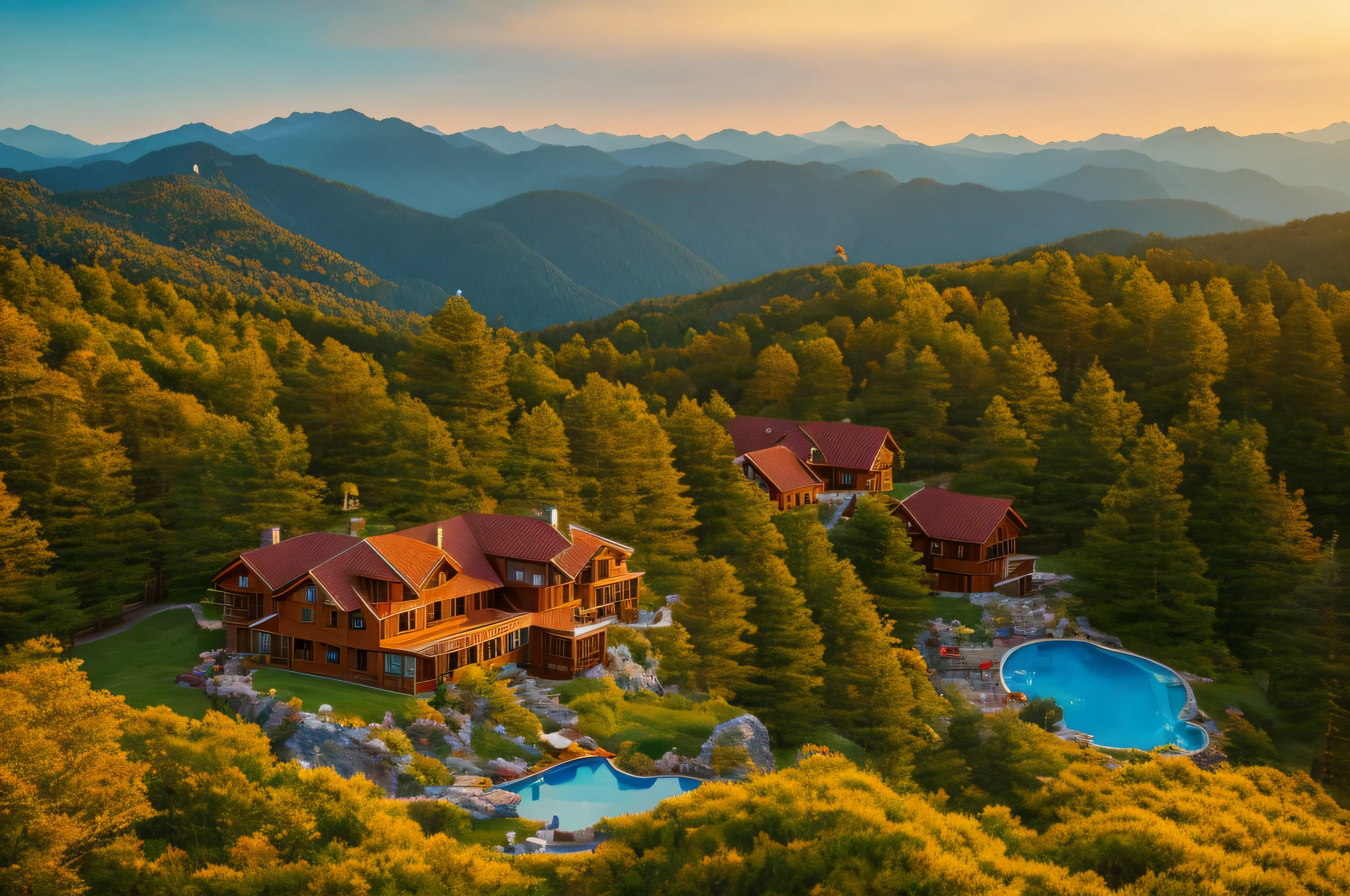 cozy resort on top of a mountain, realistic, sharp focus, depth of field, canon, dynamic lighting