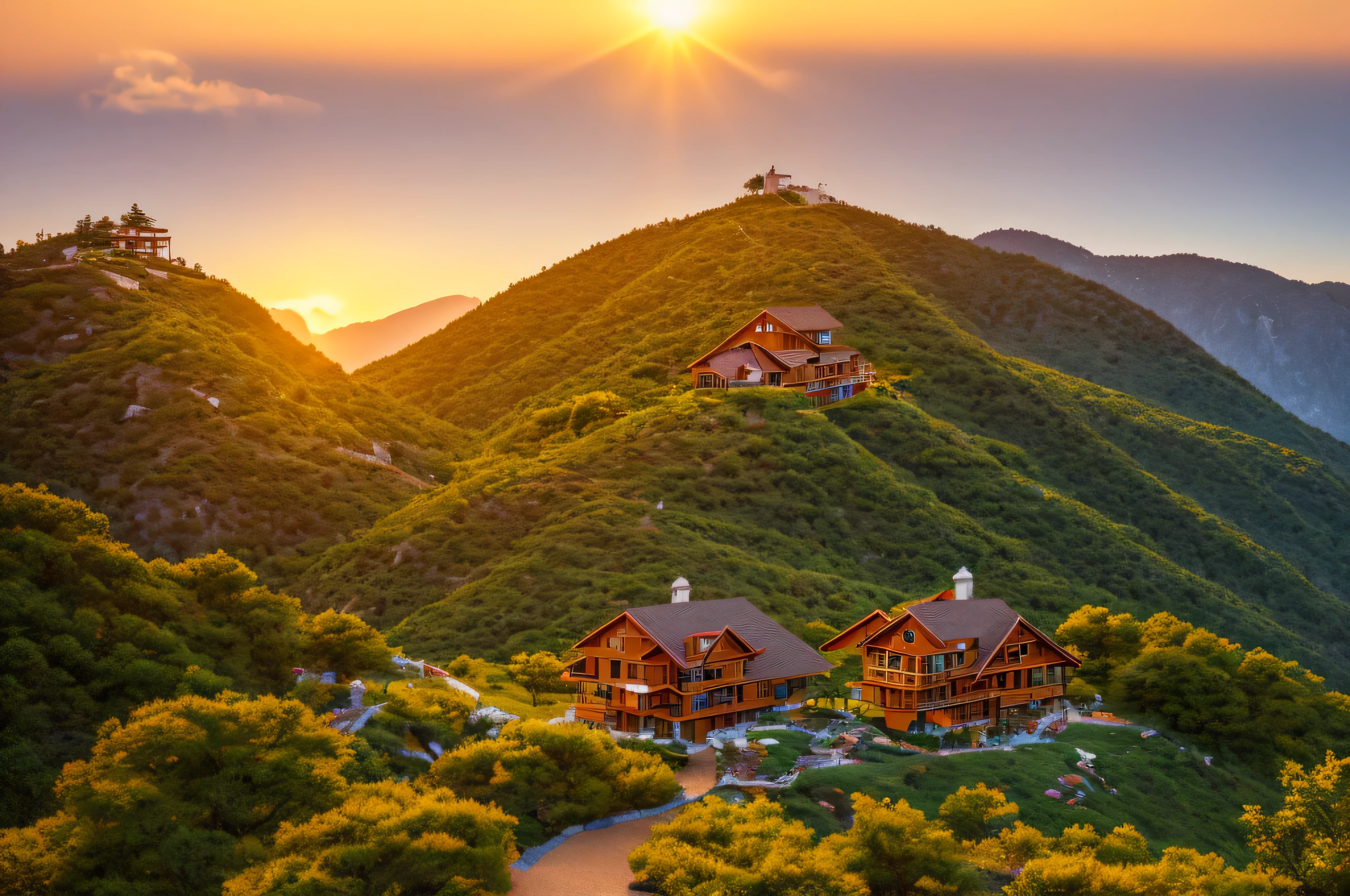 cozy resort on top of a mountain, realistic, sharp focus, depth of field, canon, dynamic lighting