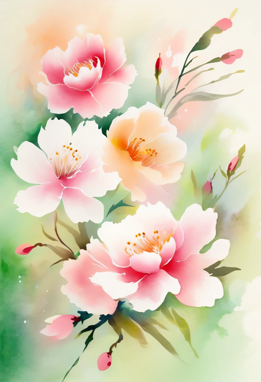 This watercolor flower painting presents an elegant and fresh visual effect。Wild flowers and peach blossoms intertwined in the fields,Forming the perfect combination of nature and romance。The screen is dominated by a white background,Highlight isolated watercolor flower。Splash technology recreates wet conditions,The atmosphere seems vague and dreamy。Unique composition and abstract expression add to the artistic feel of the picture,Contains elements of surrealism。The overall color tone is mainly light tones,Pale pink and green complement each other,Show high-resolution details。The splash-ink effect adds a touch of agility to the picture,The light color gives the flowers a deep and restrained beauty.。