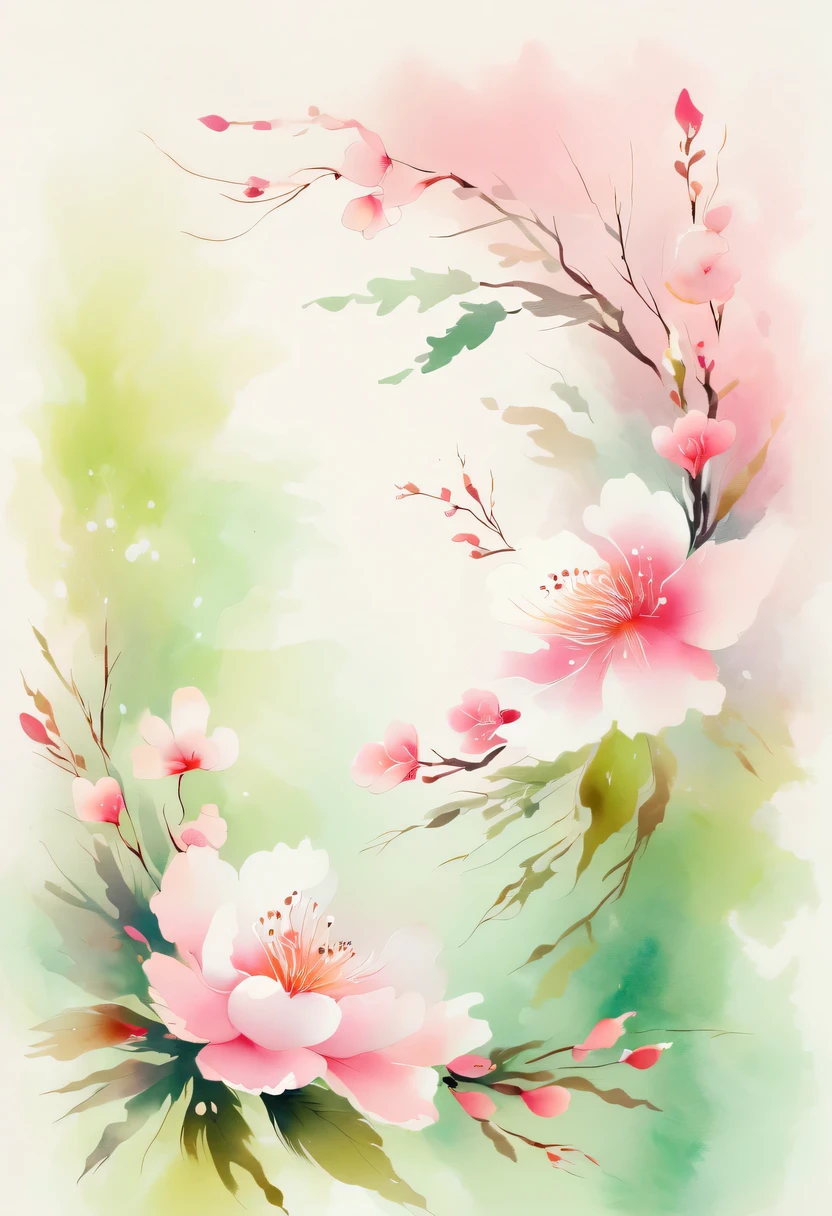 This watercolor flower painting presents an elegant and fresh visual effect。Wild flowers and peach blossoms intertwined in the fields,Forming the perfect combination of nature and romance。The screen is dominated by a white background,Highlight isolated watercolor flower。Splash technology recreates wet conditions,The atmosphere seems vague and dreamy。Unique composition and abstract expression add to the artistic feel of the picture,Contains elements of surrealism。The overall color tone is mainly light tones,Pale pink and green complement each other,Show high-resolution details。The splash-ink effect adds a touch of agility to the picture,The light color gives the flowers a deep and restrained beauty.。