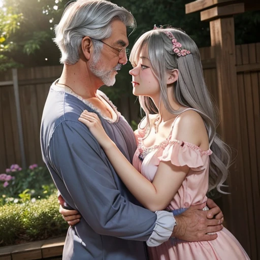 teenage girl、Gray-haired man、hug a girl、Large bust、larger hips、blush、embarrassed expression、close contact、dandy、girl hugging a man、kiss、Girl Spanning Men、Disturbed clothing、mini skirt、garden、pink ruffle nightgown、Elderly Man、girl touching her breasts to a man、see-through nipples、Princess hug、