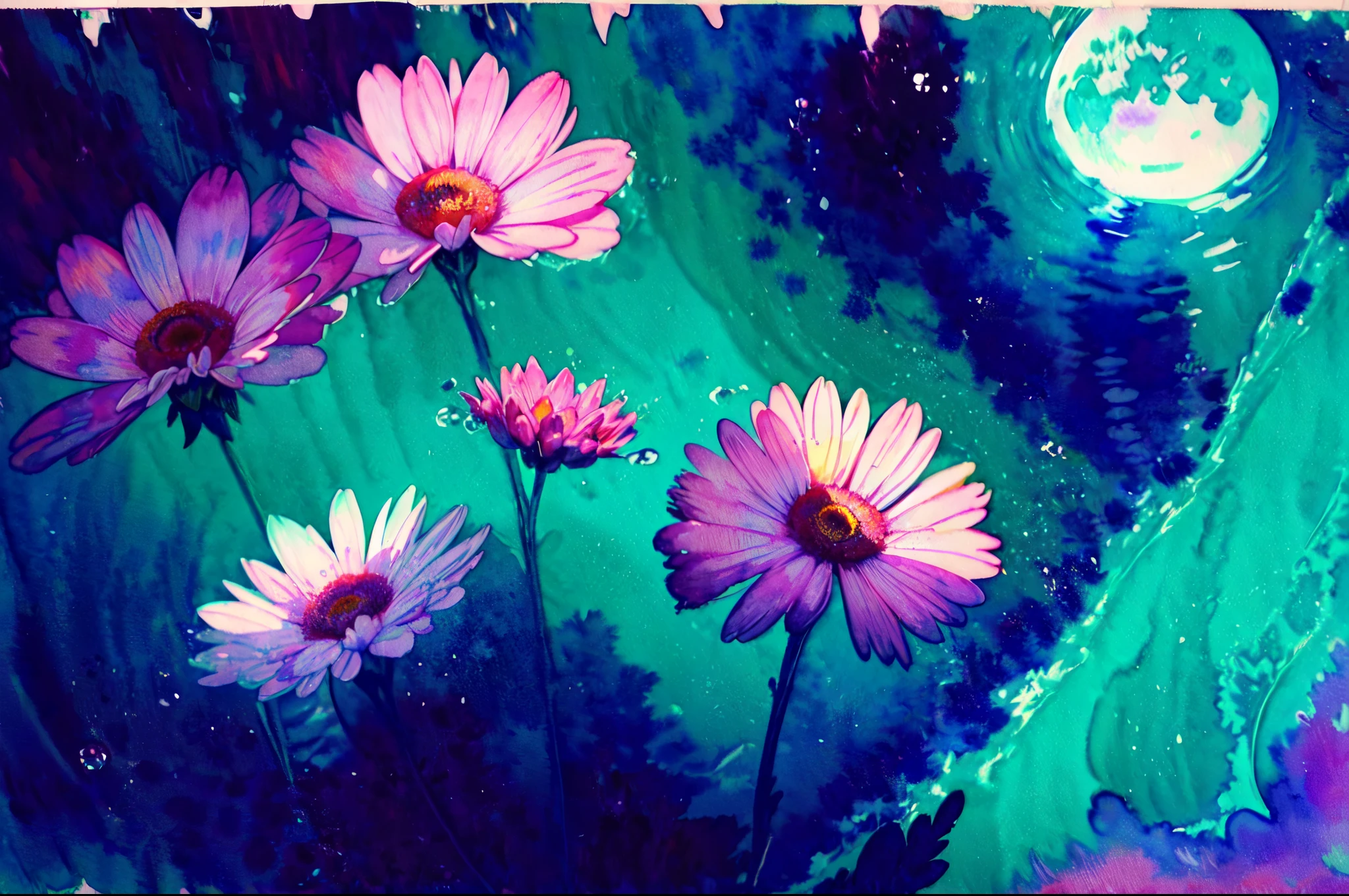 (water color art: 1.5) Watercolor Artwork, a picture of a flower meadow at night, stars above, moon light, lightly clouded, moon rays caressing the flowers, light particles, high details, best quality, 16k, RAW, [best detailed], masterpiece, best quality, High Detail, Ultra High Quality, High Resolution, 16K Resolution, Ultra HD Pictures,  Realistic, Clear Details, Realistic Detail, Ultra High Definition