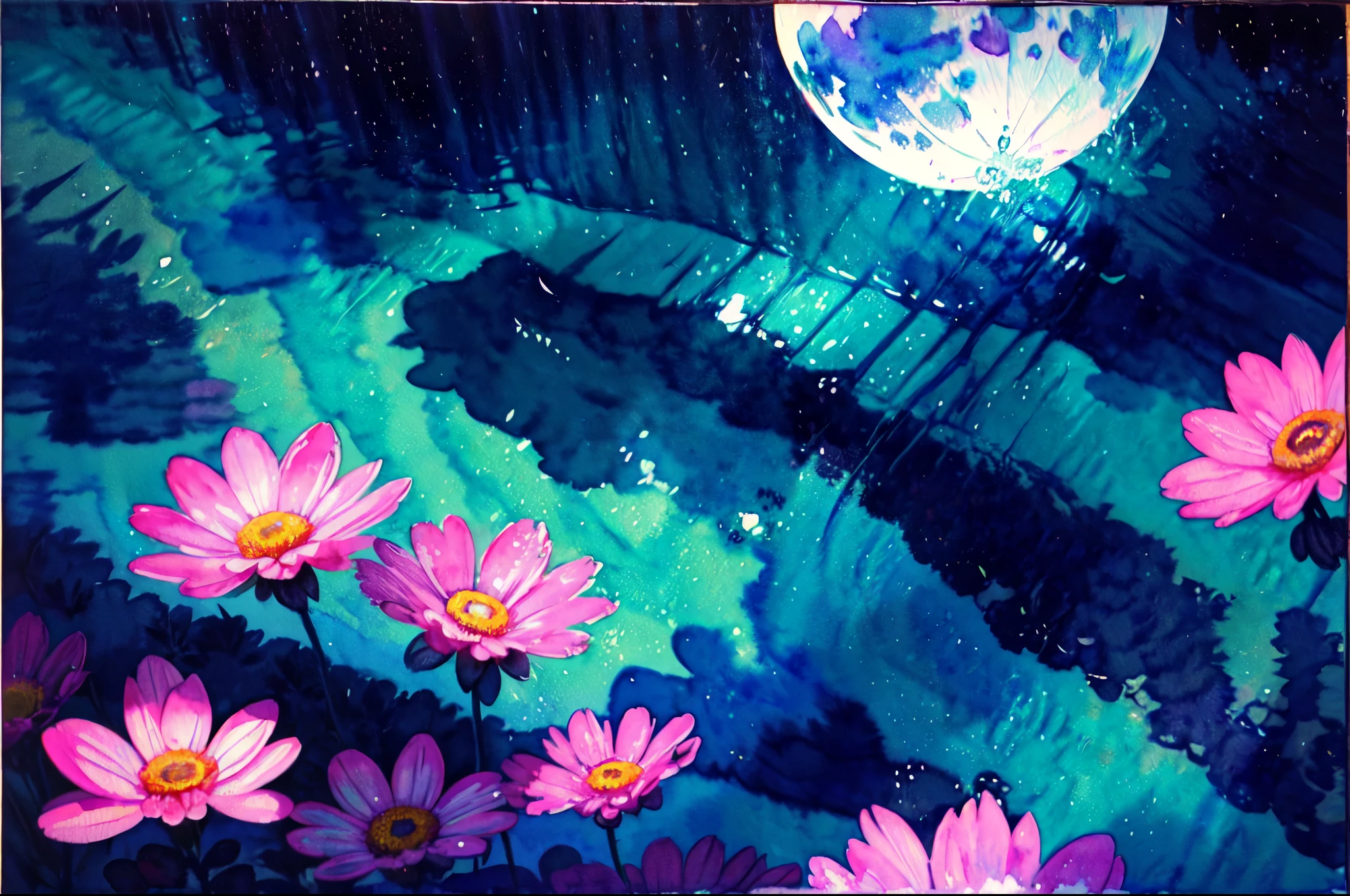 (water color art: 1.5) Watercolor Artwork, a picture of a flower meadow at night, stars above, moon light, lightly clouded, moon rays caressing the flowers, light particles, high details, best quality, 16k, RAW, [best detailed], masterpiece, best quality, High Detail, Ultra High Quality, High Resolution, 16K Resolution, Ultra HD Pictures,  Realistic, Clear Details, Realistic Detail, Ultra High Definition