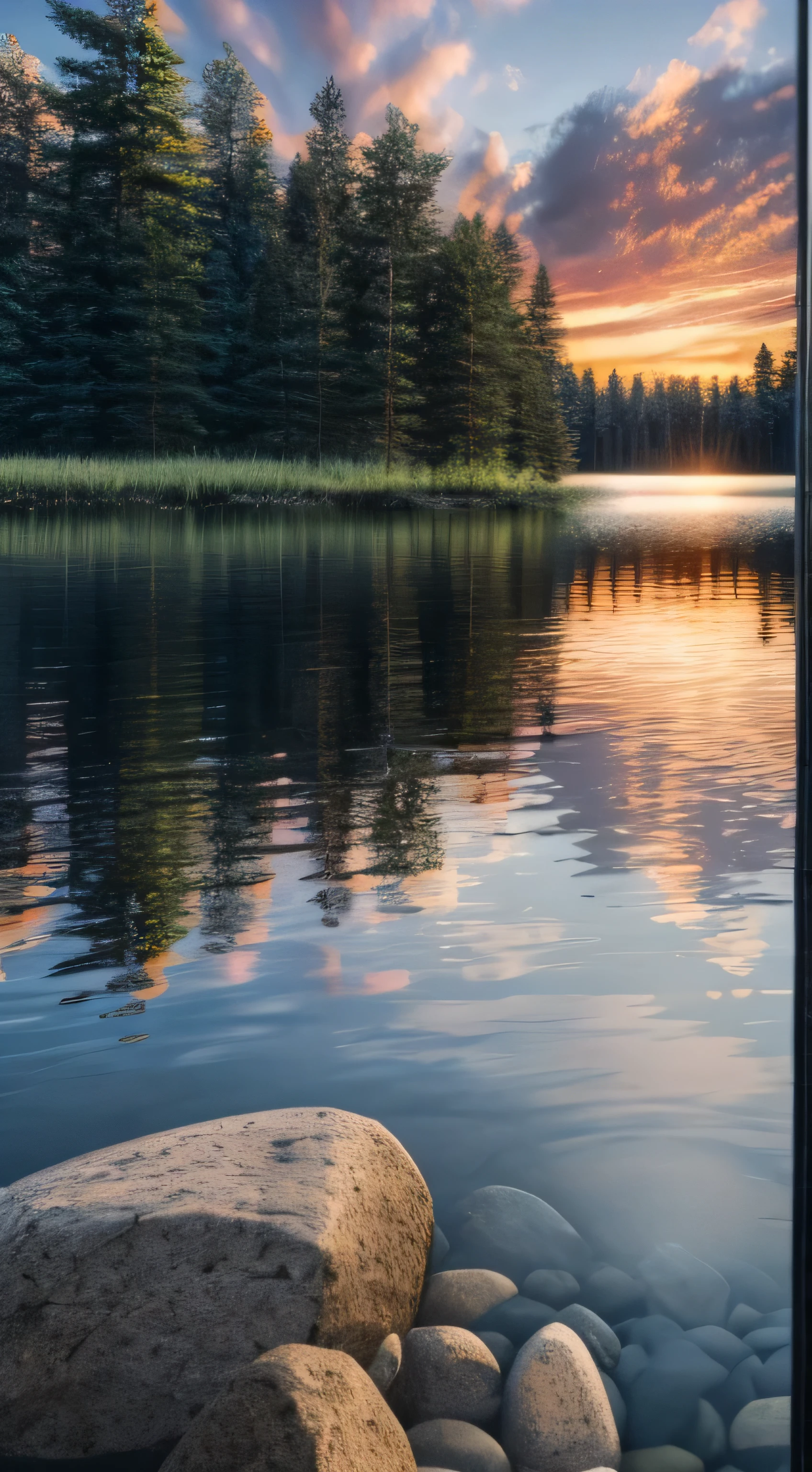 Wallpaper, summer, lake, dawn, forest, clouds, dawn background, depth of field, HD detail, hyperdetail, cinematic, soft light, deep field focus bokeh, ray tracing, diffuse (ultra-fine glass reflection) and realism. --v6