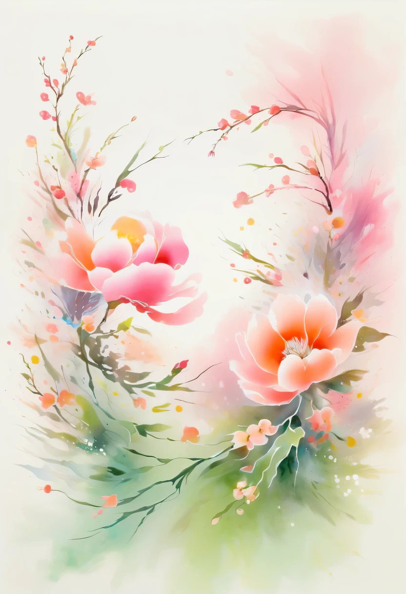 This watercolor flower painting presents an elegant and fresh visual effect。Wild flowers and peach blossoms intertwined in the fields,Forming the perfect combination of nature and romance。The screen is dominated by a white background,Highlight isolated watercolor flower。Splash technology recreates wet conditions,The atmosphere seems vague and dreamy。Unique composition and abstract expression add to the artistic feel of the picture,Contains elements of surrealism。The overall color tone is mainly light tones,Pale pink and green complement each other,Show high-resolution details。The splash-ink effect adds a touch of agility to the picture,The light color gives the flowers a deep and restrained beauty.。