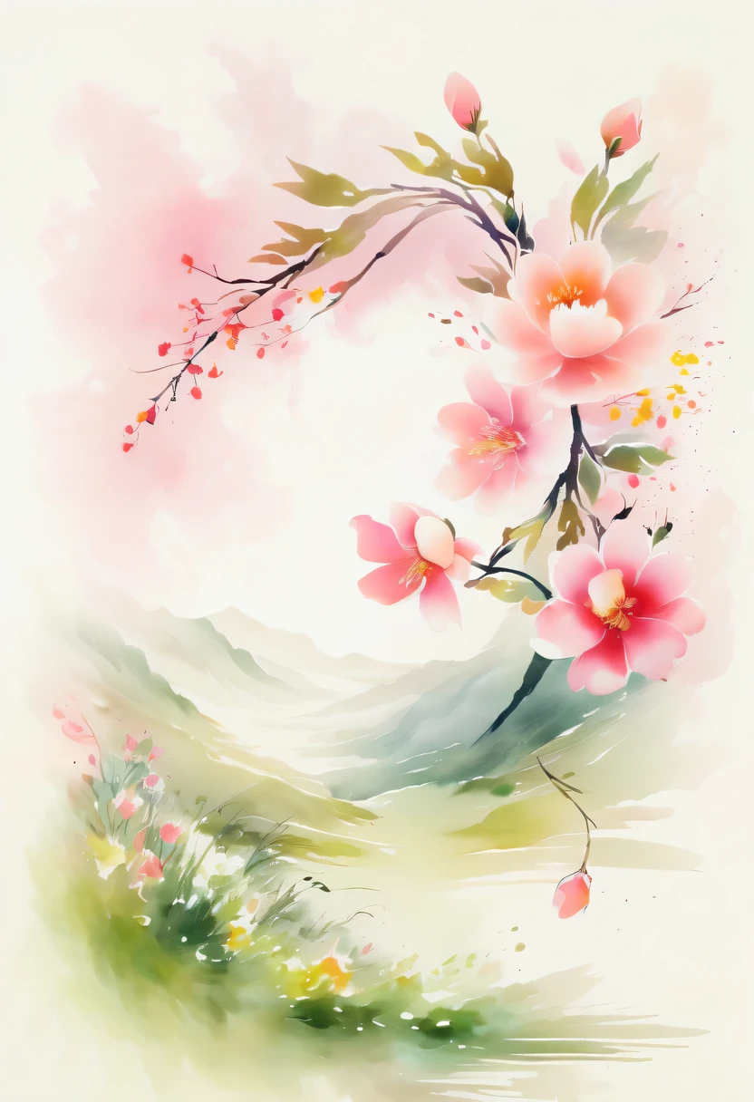This watercolor flower painting presents an elegant and fresh visual effect。Wild flowers and peach blossoms intertwined in the fields,Forming the perfect combination of nature and romance。The screen is dominated by a white background,Highlight isolated watercolor flower。Splash technology recreates wet conditions,The atmosphere seems vague and dreamy。Unique composition and abstract expression add to the artistic feel of the picture,Contains elements of surrealism。The overall color tone is mainly light tones,Pale pink and green complement each other,Show high-resolution details。The splash-ink effect adds a touch of agility to the picture,The light color gives the flowers a deep and restrained beauty.。