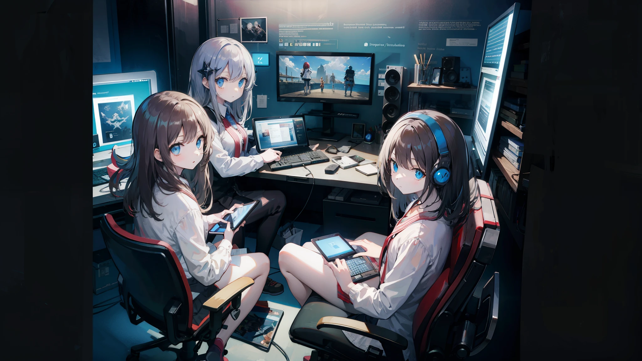 4girl, (masterpiece, best quality),gamer, Computer , Nintento, pale skin