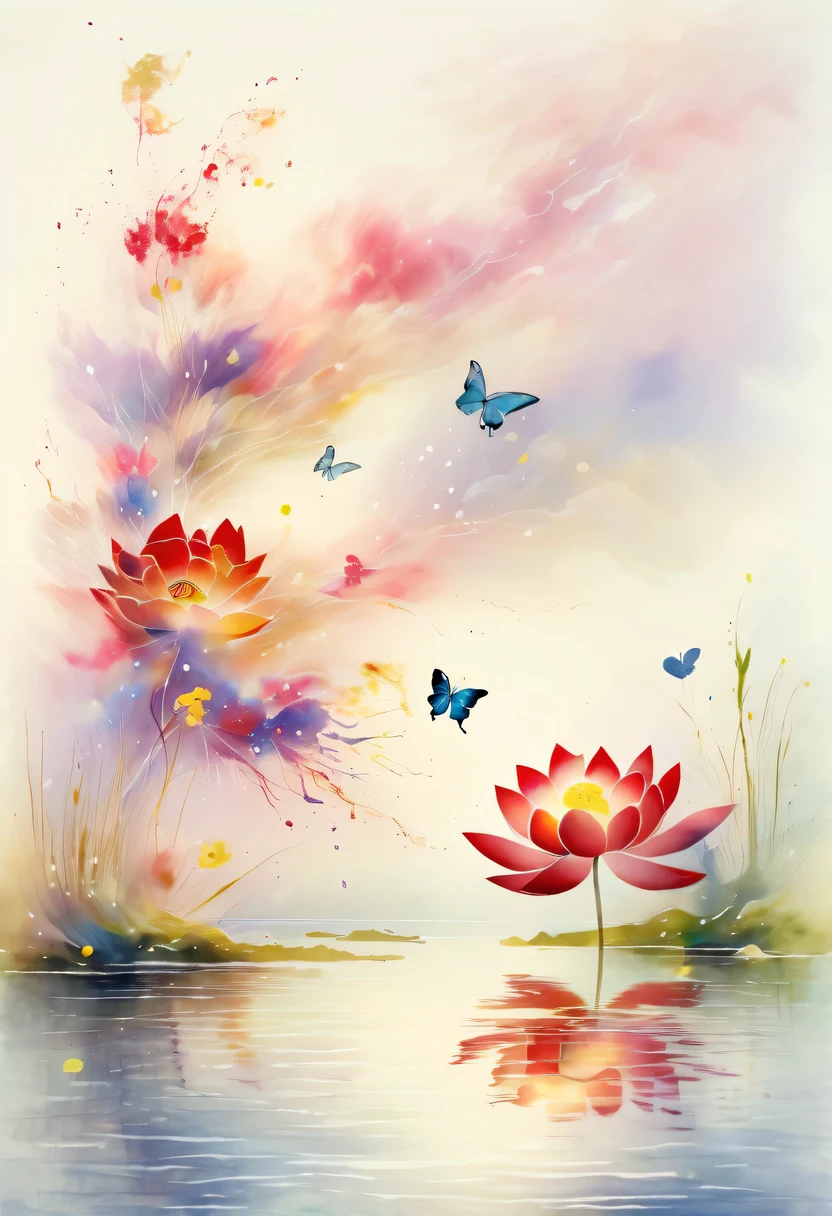 This abstract watercolor flower painting offers a light and refreshing visual effect。Lotus flowers and butterflies intertwined in the lake,Forming the perfect combination of nature and romance。The screen is dominated by a white background,Highlight isolated watercolor flower。Splash technology recreates wet conditions,The atmosphere seems vague and dreamy。Unique composition and abstract expression add to the artistic feel of the picture,Contains elements of surrealism。The overall color tone is mainly light tones,Red and gold complement each other,Show high-resolution details。The splash-ink effect adds a touch of agility to the picture,The light color gives the flowers a deep and restrained beauty.