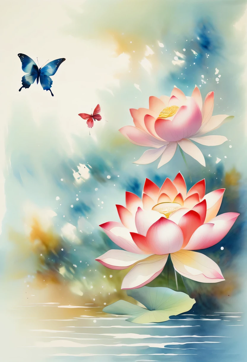 This abstract watercolor flower painting offers a light and refreshing visual effect。Lotus flowers and butterflies intertwined in the lake，Forming the perfect combination of nature and romance。The screen is dominated by a white background，Highlight isolated watercolor flower。Splash technology recreates wet conditions，The atmosphere seems vague and dreamy。Unique composition and abstract expression add to the artistic feel of the picture，Contains elements of surrealism。The overall color tone is mainly light tones，Red and gold complement each other，Show high-resolution details。The splash-ink effect adds a touch of agility to the picture，The light color gives the flowers a deep and restrained beauty.