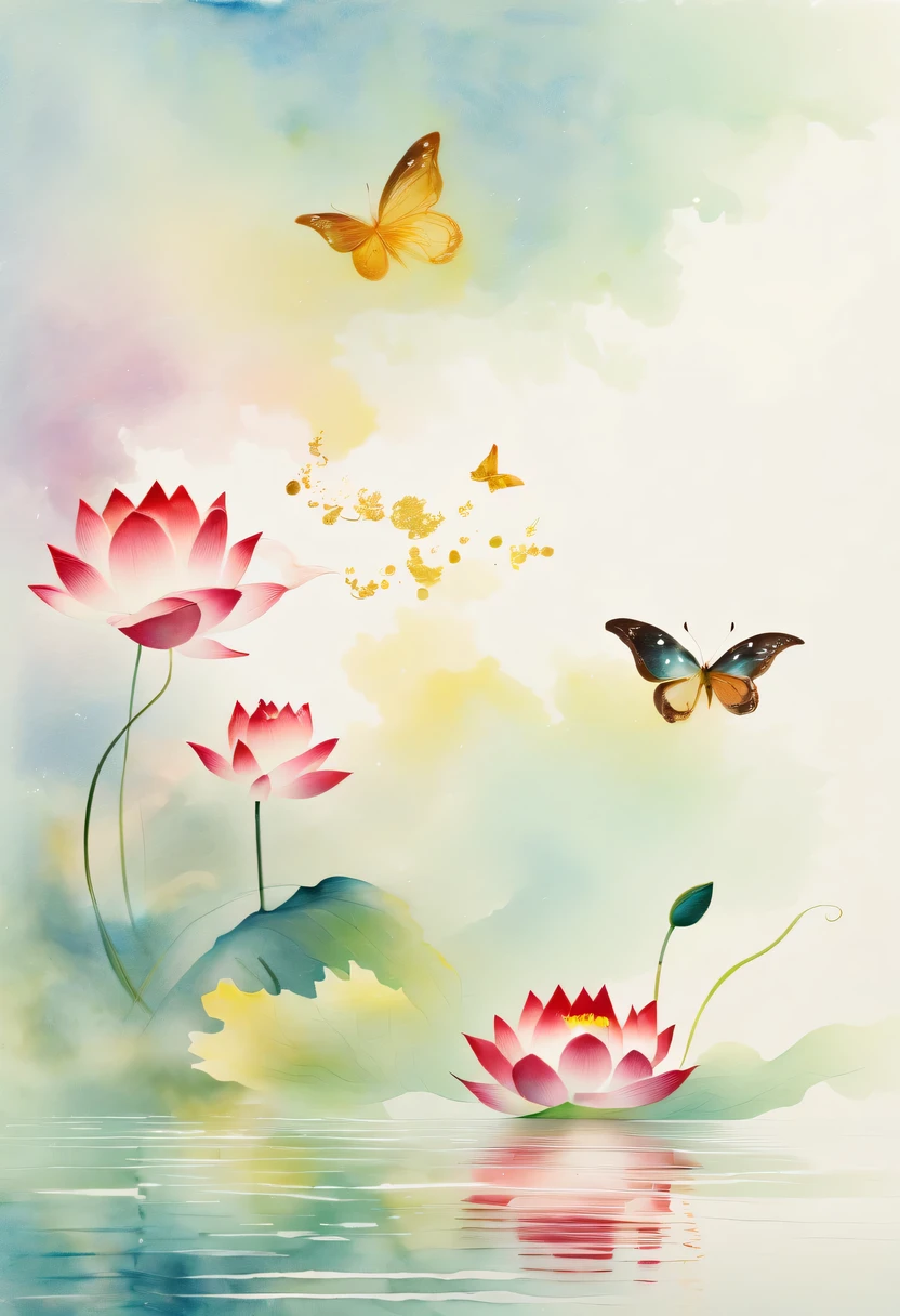 This abstract watercolor flower painting offers a light and refreshing visual effect。Lotus flowers and butterflies intertwined in the lake,Forming the perfect combination of nature and romance。The screen is dominated by a white background,Highlight isolated watercolor flower。Splash technology recreates wet conditions,The atmosphere seems vague and dreamy。Unique composition and abstract expression add to the artistic feel of the picture,Contains elements of surrealism。The overall color tone is mainly light tones,Red and gold complement each other,Show high-resolution details。The splash-ink effect adds a touch of agility to the picture,The light color gives the flowers a deep and restrained beauty.