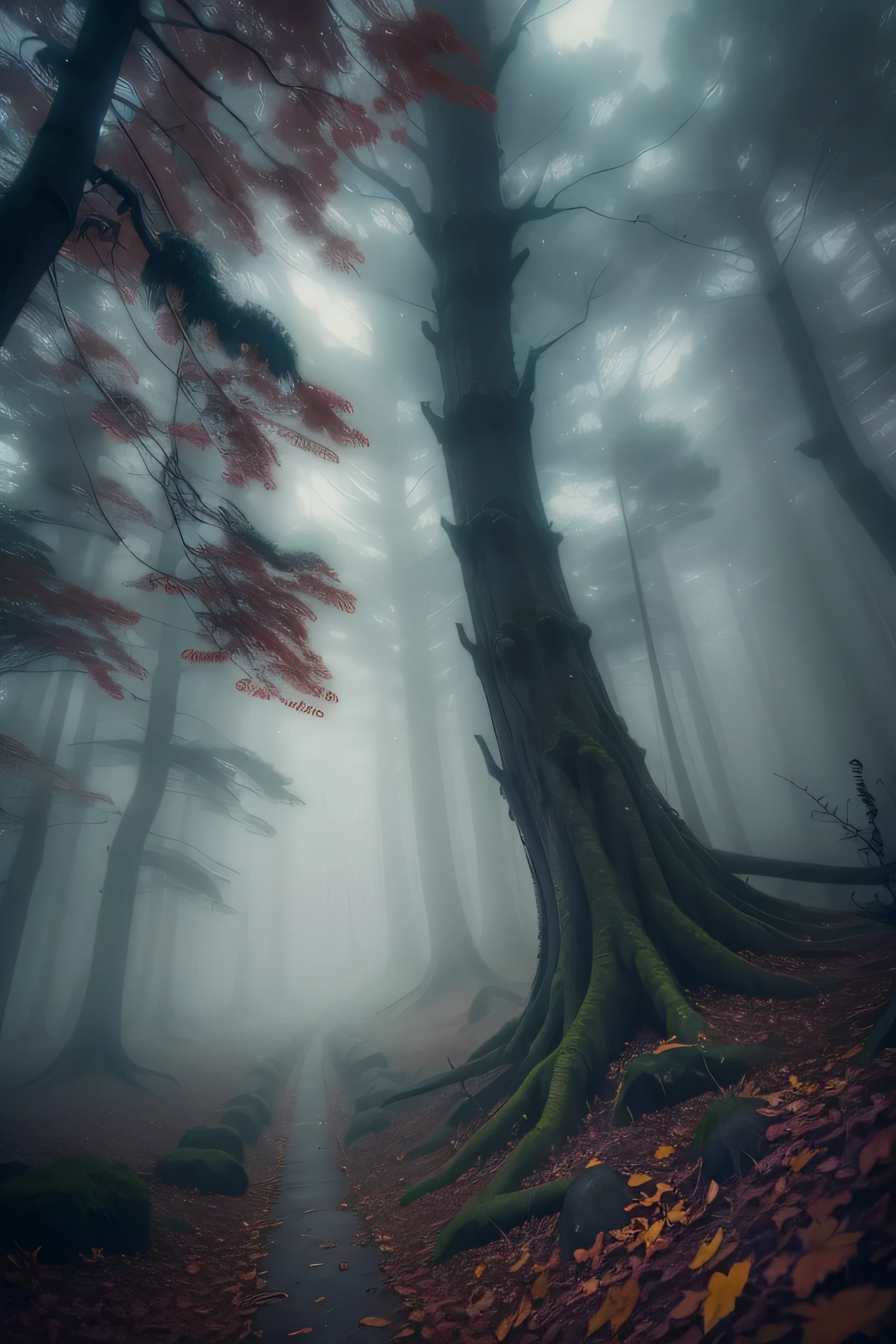 Foggy Tree、foggy forest、mystical forest、dark forest、Huge forest of fog、Strong, mysterious and scary forest、ominous and eerie forest、beautiful misty wood。