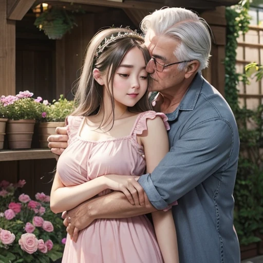 teenage girl、Gray-haired man、hug a girl、Large bust、larger hips、blush、embarrassed expression、close contact、dandy、girl hugging a man、kiss、Girl Spanning Men、Disturbed clothing、mini skirt、garden、pink ruffle nightgown、Elderly Man、girl touching her breasts to a man、see-through nipples、Princess hug、Seducing Girl、
