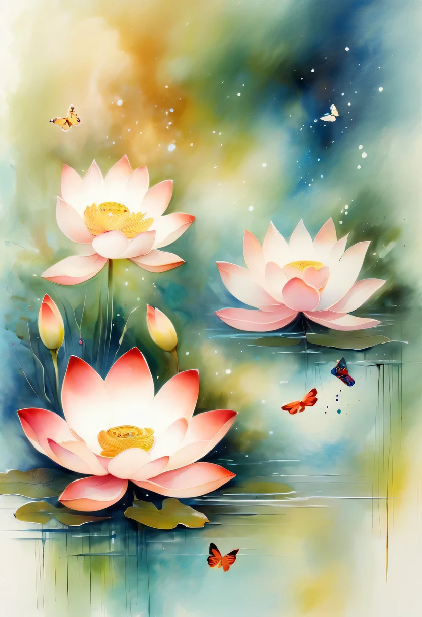 This abstract watercolor flower painting offers a light and refreshing visual effect。Lotus flowers and butterflies intertwined in the lake，Forming the perfect combination of nature and romance。The screen is dominated by a white background，Highlight isolated watercolor flower。Splash technology recreates wet conditions，The atmosphere seems vague and dreamy。Unique composition and abstract expression add to the artistic feel of the picture，Contains elements of surrealism。The overall color tone is mainly light tones，Red and gold complement each other，Show high-resolution details。The splash-ink effect adds a touch of agility to the picture，The light color gives the flowers a deep and restrained beauty.