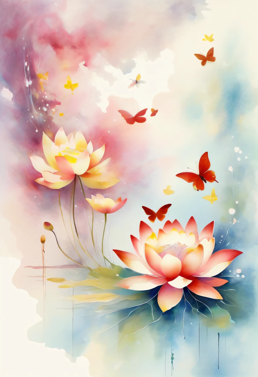 This abstract watercolor flower painting offers a light and refreshing visual effect。Lotus flowers and butterflies intertwined in the lake，Forming the perfect combination of nature and romance。The screen is dominated by a white background，Highlight isolated watercolor flower。Splash technology recreates wet conditions，The atmosphere seems vague and dreamy。Unique composition and abstract expression add to the artistic feel of the picture，Contains elements of surrealism。The overall color tone is mainly light tones，Red and gold complement each other，Show high-resolution details。The splash-ink effect adds a touch of agility to the picture，The light color gives the flowers a deep and restrained beauty.