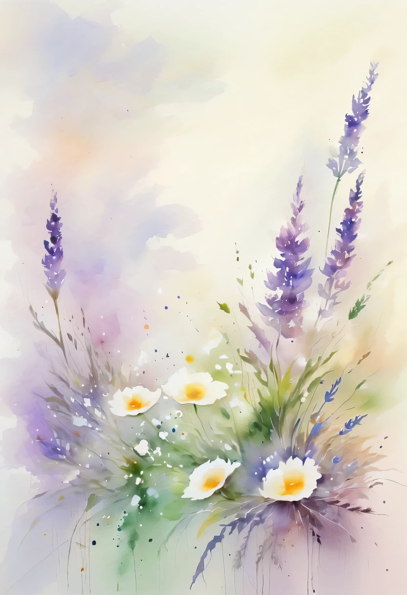 This watercolor flower painting presents an elegant and fresh visual effect。Wildflower and lavender fields，Forming the perfect combination of nature and romance。The screen is dominated by a white background，Highlight isolated watercolor flower。Splash technology recreates wet conditions，The atmosphere seems vague and dreamy。Unique composition and abstract expression add to the artistic feel of the picture，Contains elements of surrealism。The overall color tone is mainly light tones，Lilac and green complement each other beautifully，Show high-resolution details。The splash-ink effect adds a touch of agility to the picture，The light color gives the flowers a deep and restrained beauty.。