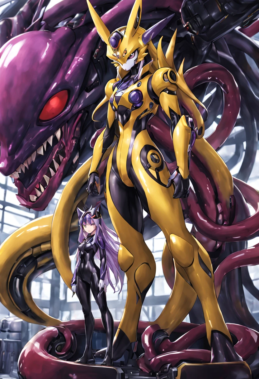 NSFW，Pilot and giant battle mecha，The pilot is inside a giant battle mech.，Pilot details(Height: 160cm，The pilot is in front of a giant battle mech.，The pilot wears a Renamon-type full body suit.，Renamon type full face，He is riding in a tentacle-shaped cockpit.，Pussy is connected to tentacles，Renamon type full body suit is sticky and glossy with mucus.，evil depravity，symbiote)，Details of the giant battle mecha(Looks like a fusion of Renamon and Evangelion，symbiote，evil depravity，About 10 meters tall，standing behind the pilot)