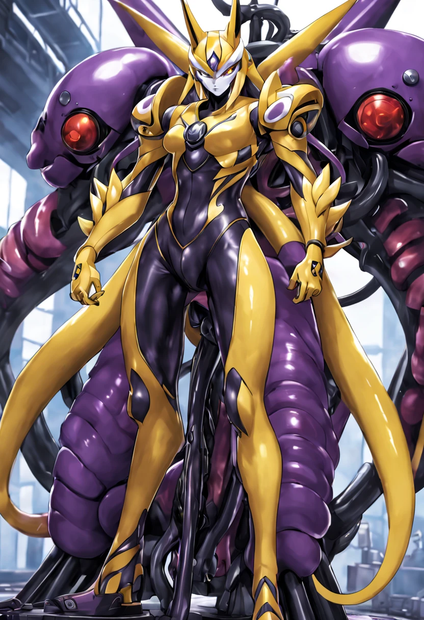 NSFW，Pilot and giant battle mecha，The pilot is inside a giant battle mech.，Pilot details(Height: 160cm，The pilot is in front of a giant battle mech.，The pilot wears a Renamon-type full body suit.，Renamon type full face，He is riding in a tentacle-shaped cockpit.，Pussy is connected to tentacles，Renamon type full body suit is sticky and glossy with mucus.，evil depravity，symbiote)，Details of the giant battle mecha(Looks like a fusion of Renamon and Evangelion，symbiote，evil depravity，About 10 meters tall，standing behind the pilot)