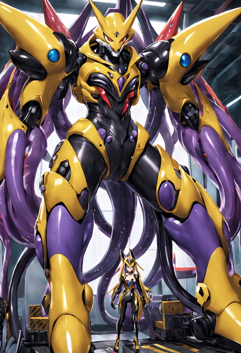 NSFW，Pilot and giant battle mecha，The pilot is inside a giant battle mech.，Pilot details(Height: 160cm，The pilot is in front of a giant battle mech.，The pilot wears a Renamon-type full body suit.，He hides his face with a Renamon-type full face.，Riding in a tentacle-shaped cockpit，Pussy is connected to tentacles，Renamon type full body suit is sticky and glossy with mucus.，evil depravity，symbiote)，Details of the giant battle mecha(Looks like a fusion of Renamon and Evangelion，symbiote，evil depravity，About 10 meters tall，standing behind the pilot)