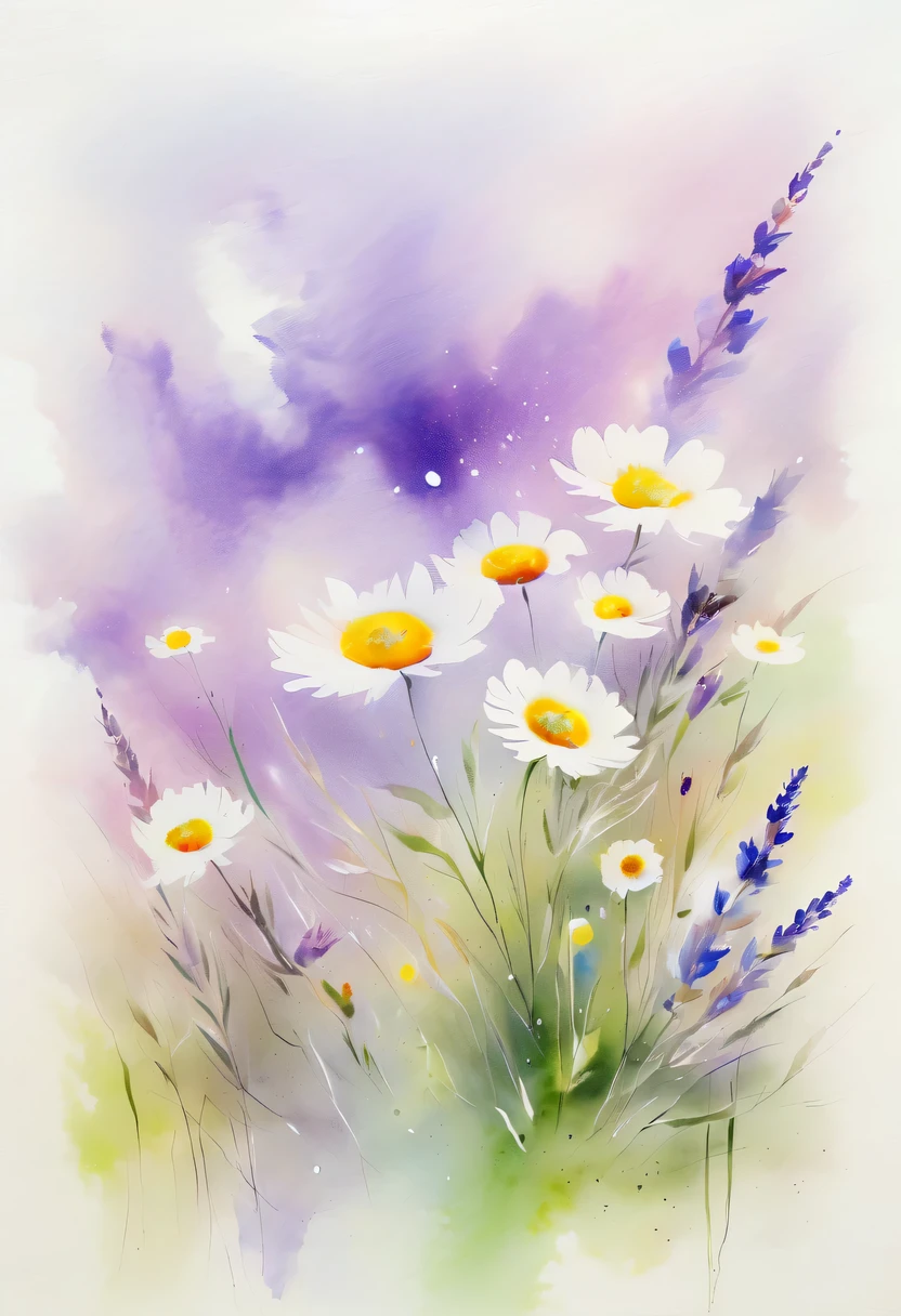 This watercolor flower painting presents an elegant and fresh visual effect。Wildflower and lavender fields,Forming the perfect combination of nature and romance。The screen is dominated by a white background,Highlight isolated watercolor flower。Splash technology recreates wet conditions,The atmosphere seems vague and dreamy。Unique composition and abstract expression add to the artistic feel of the picture,Contains elements of surrealism。The overall color tone is mainly light tones,Lilac and green complement each other beautifully,Show high-resolution details。The splash-ink effect adds a touch of agility to the picture,The light color gives the flowers a deep and restrained beauty.。