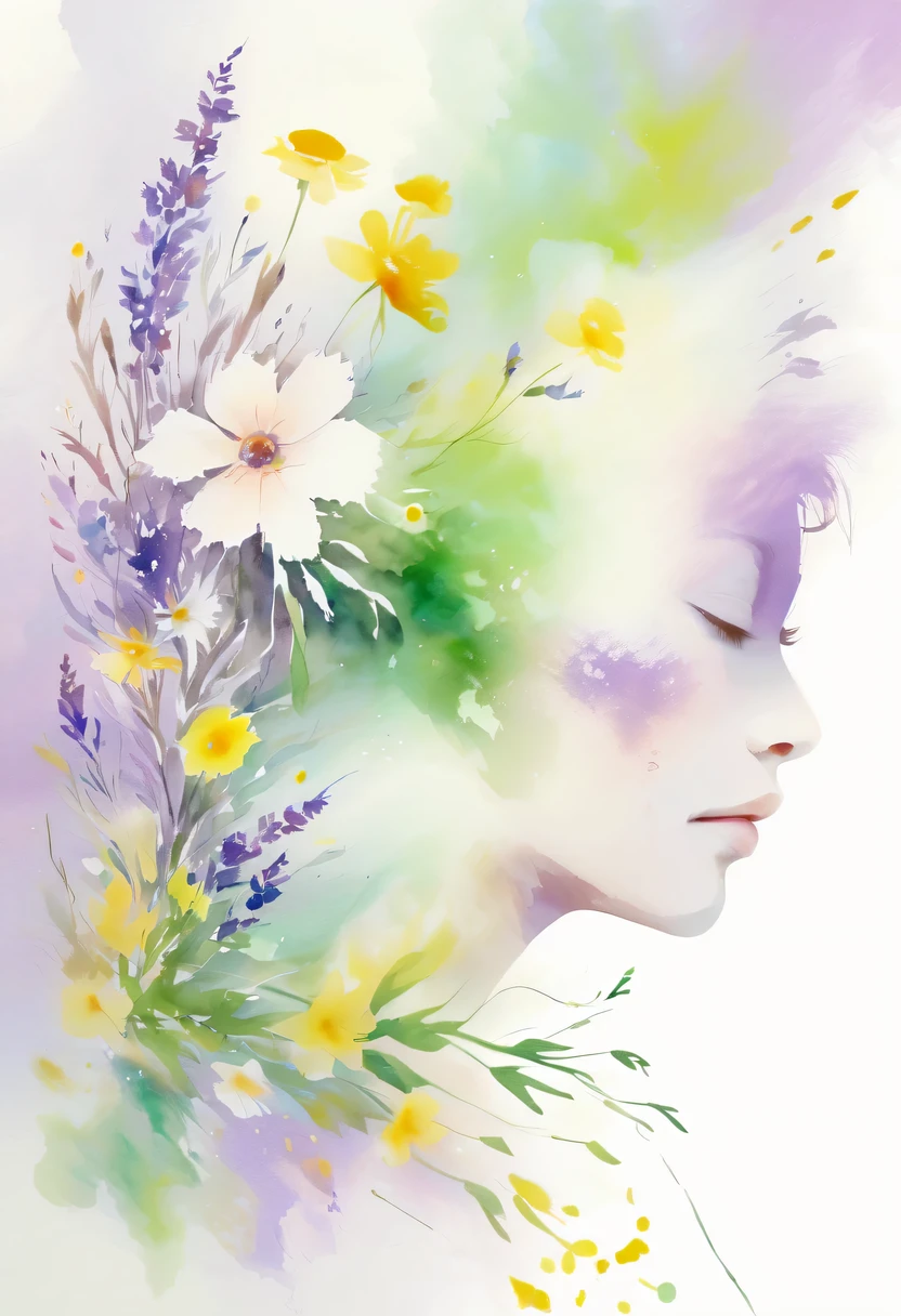 This watercolor flower painting presents an elegant and fresh visual effect。Wildflower and lavender fields，Forming the perfect combination of nature and romance。The screen is dominated by a white background，Highlight isolated watercolor flower。Splash technology recreates wet conditions，The atmosphere seems vague and dreamy。Unique composition and abstract expression add to the artistic feel of the picture，Contains elements of surrealism。The overall color tone is mainly light tones，Lilac and green complement each other beautifully，Show high-resolution details。The splash-ink effect adds a touch of agility to the picture，The light color gives the flowers a deep and restrained beauty.。