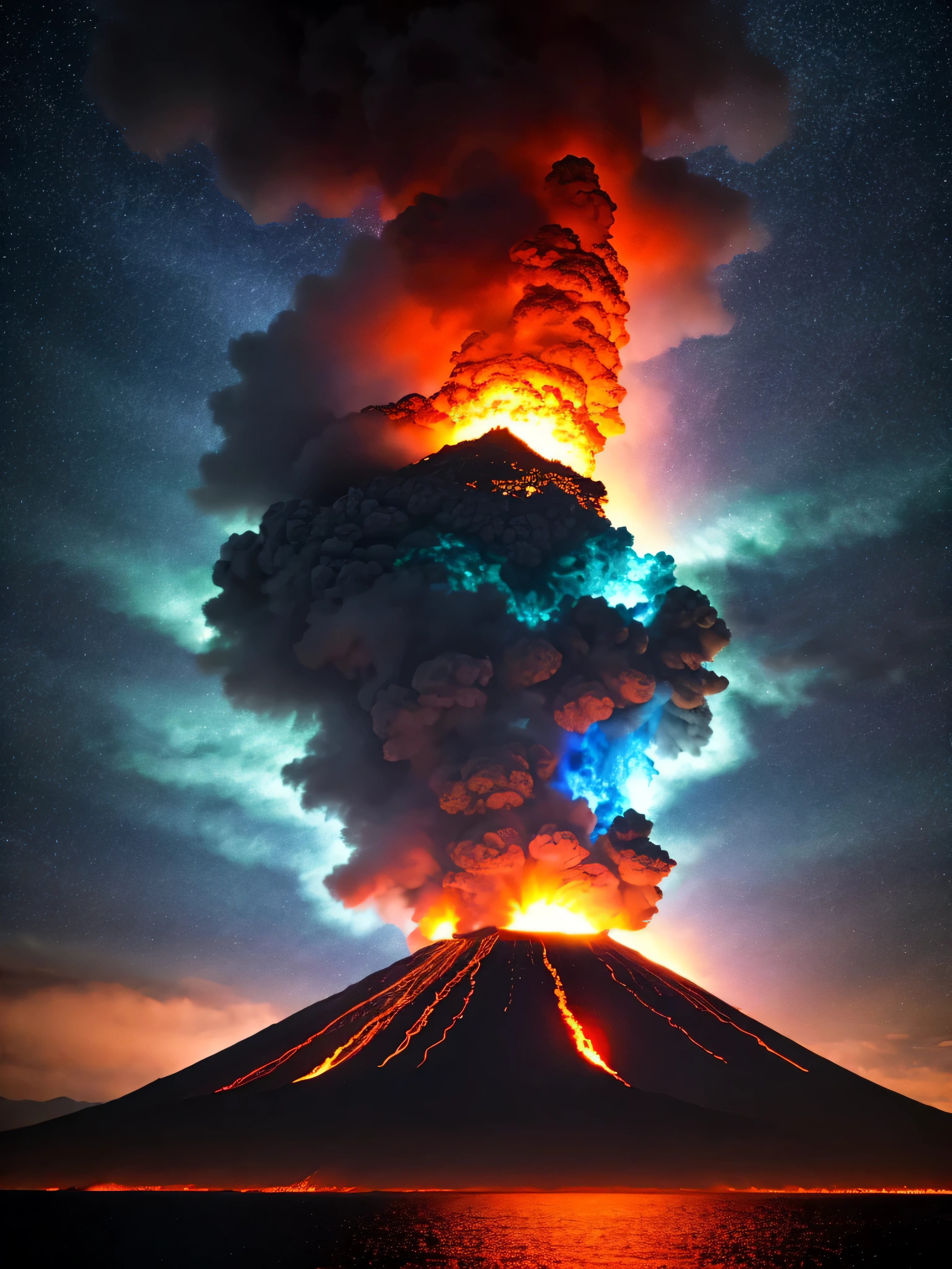 dramatic sky, blue lightning Style: masterpiece, best quality, 8k, sharp focus, realistic, ((Detailed)), ((Dynamic pose)), ((Good Highlights)), (Perfect Proportions), (dynamic), (intricate), (complimentary colors), good perspective, (Professional), (Award winning)
ADDCOMM
volcanic island background
Red flame, soft particles, explosion
BREAK
green flame, soft particles, explosion
BREAK
blue  flame, soft particles, explosion
volcanic island background