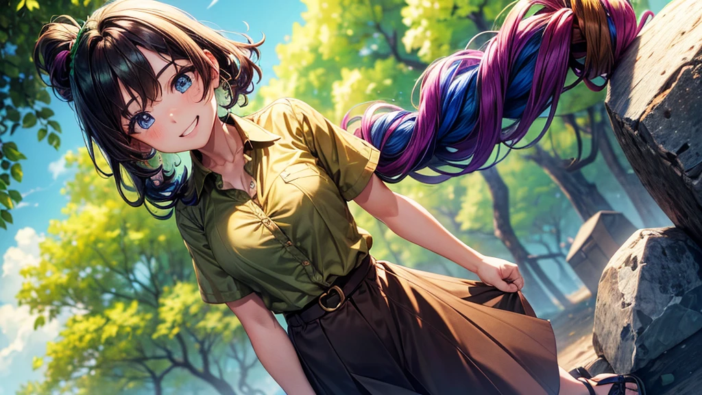 1girl, solo, village, trees, ((colorful hair)), curly hair, ponytail, large breasts, button down shirt, ((brown green shirt)), ((unbuttoned shirt)), ((short sleeved shirt)), blue eyes, skirt, sandals, grin, looking at the viewer, ((standing)), hair ribbon