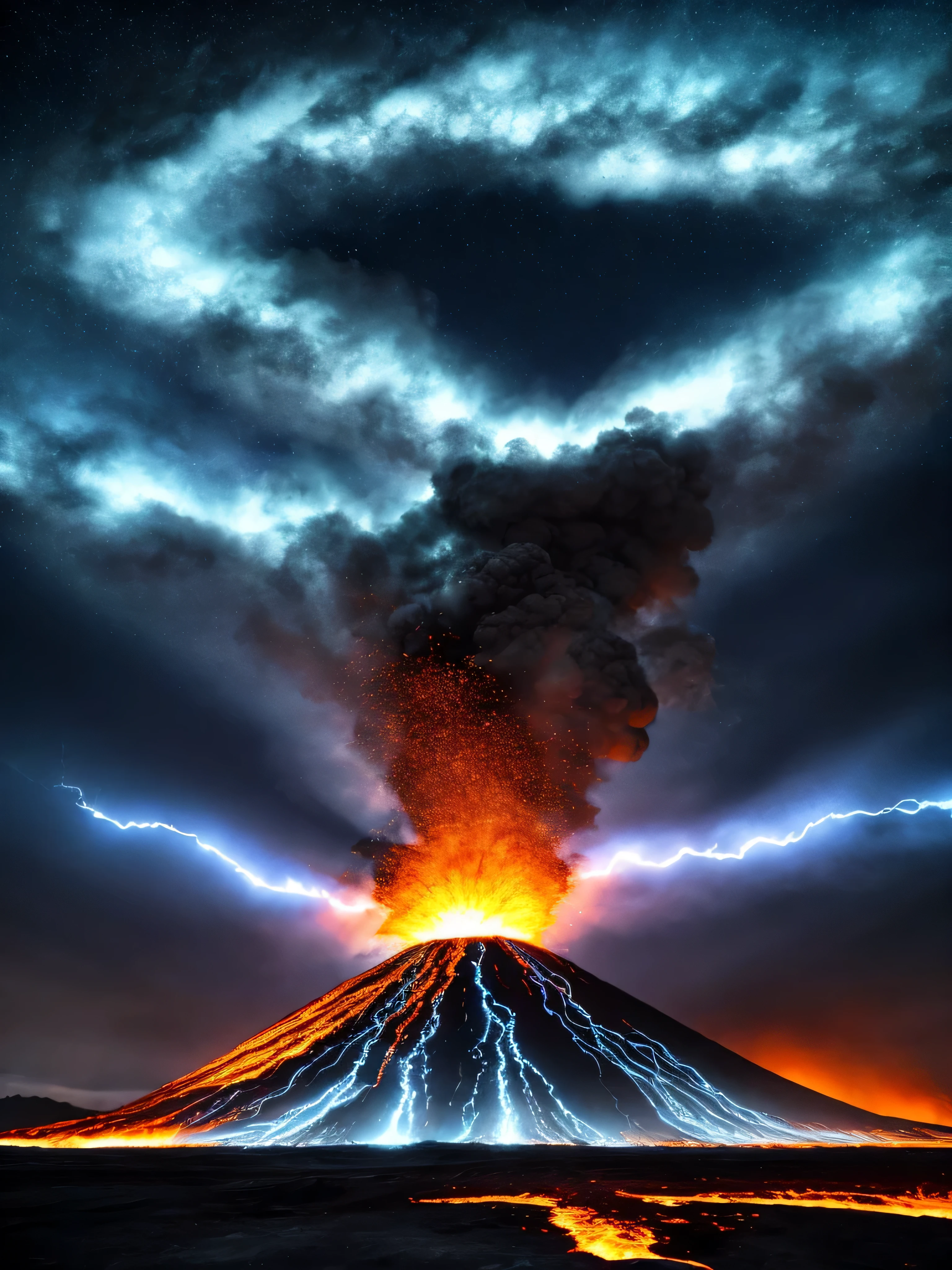dramatic sky, blue lightning Style: masterpiece, best quality, 8k, sharp focus, realistic, ((Detailed)), ((Dynamic pose)), ((Good Highlights)), (Perfect Proportions), (dynamic), (intricate), (complimentary colors), good perspective, (Professional), (Award winning)
ADDCOMM
volcanic island background
Red flame, soft particles, explosion
BREAK
green flame, soft particles, explosion
BREAK
blue flame, soft particles, explosion
volcanic island background