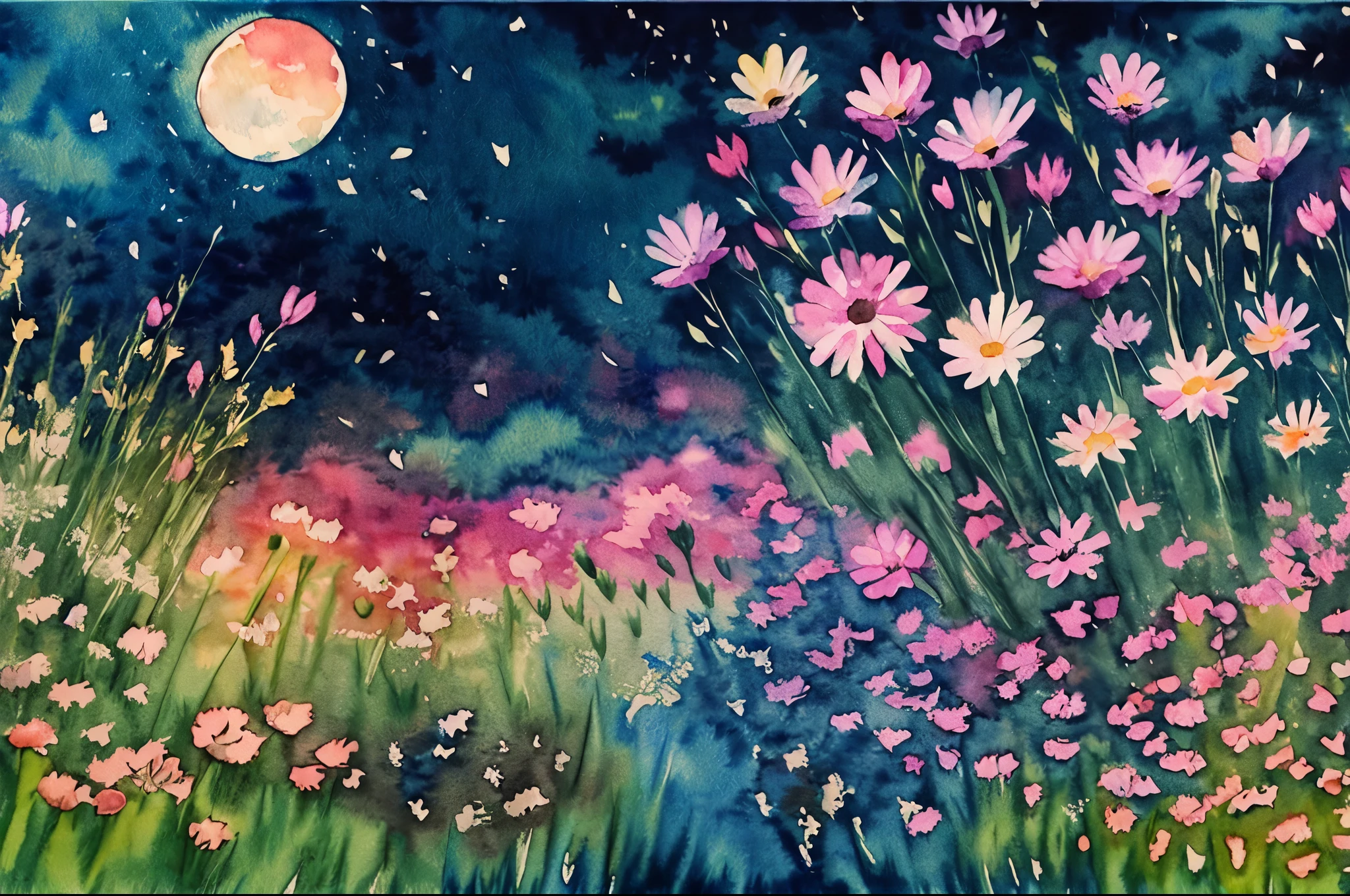 (water color art: 1.5) Watercolor Artwork, a picture of a flower meadow at night, stars above, moon light, lightly clouded, moon rays caressing the flowers, light particles, high details, best quality, 16k, RAW, [best detailed], masterpiece, best quality, High Detail, Ultra High Quality, High Resolution, 16K Resolution, Ultra HD Pictures,  Realistic, Clear Details, Realistic Detail, Ultra High Definition