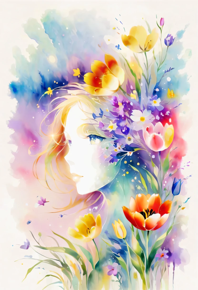 This watercolor flower painting presents an elegant and fresh visual effect。Field of wildflowers and tulips，Forming the perfect combination of nature and romance。The screen is dominated by a white background，Highlight isolated watercolor flower。Splash technology recreates wet conditions，The atmosphere seems vague and dreamy。Unique composition and abstract expression add to the artistic feel of the picture，Contains elements of surrealism。The overall color tone is mainly light tones，Purple and gold complement each other beautifully，Show high-resolution details。The splash-ink effect adds a touch of agility to the picture，The light color gives the flowers a deep and restrained beauty.