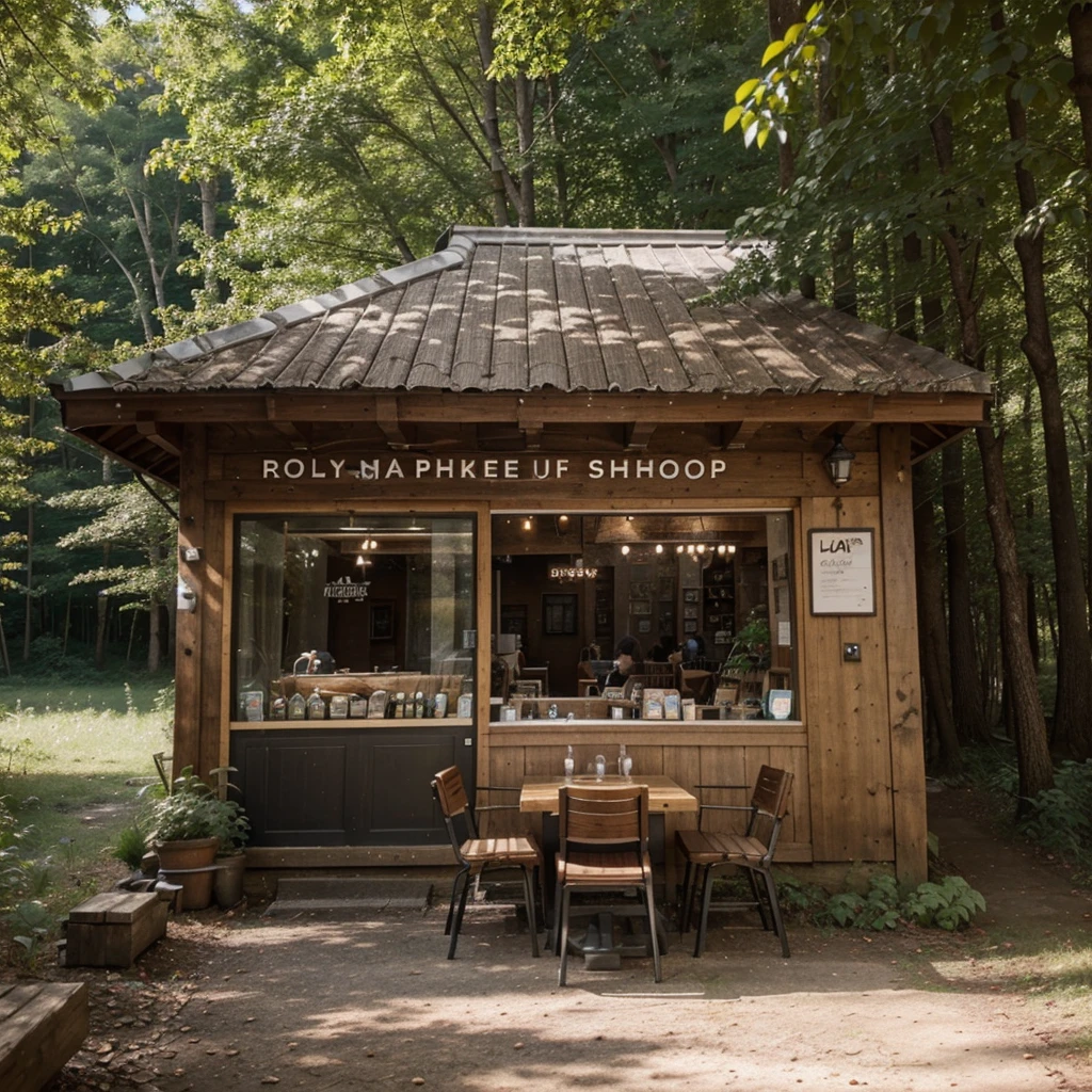 A small coffee shop in the middle of the forest, there are small food items hanging, four or five chairs are placed in front of the shop, the environment is beautiful, There is a lake next to it.