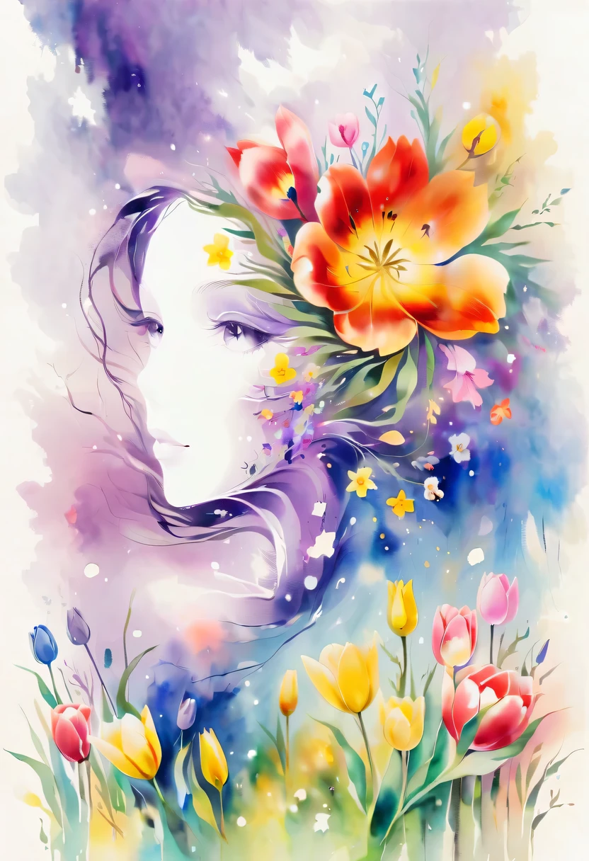 This watercolor flower painting presents an elegant and fresh visual effect。Field of wildflowers and tulips，Forming the perfect combination of nature and romance。The screen is dominated by a white background，Highlight isolated watercolor flower。Splash technology recreates wet conditions，The atmosphere seems vague and dreamy。Unique composition and abstract expression add to the artistic feel of the picture，Contains elements of surrealism。The overall color tone is mainly light tones，Purple and gold complement each other beautifully，Show high-resolution details。The splash-ink effect adds a touch of agility to the picture，The light color gives the flowers a deep and restrained beauty.