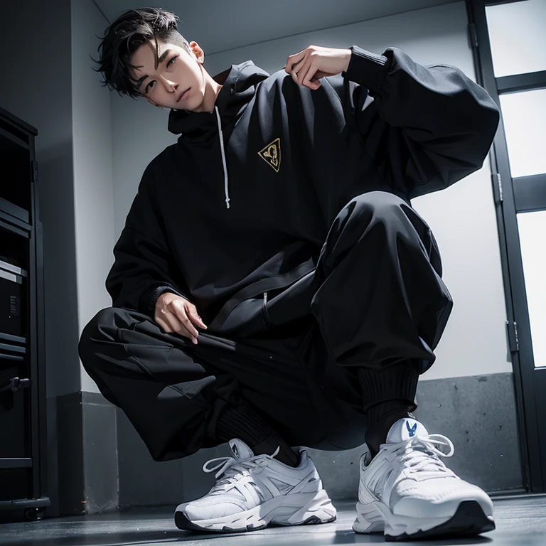 2 young Korean men,male,20 years old,High,Height 180 cm,Hair is medium length,Black sweatshirt,Black cargo pants,Black and white high top sneakers,White sport socks,Badass anime 4k ,POV perspective,Proud,Cold,looking into camera,