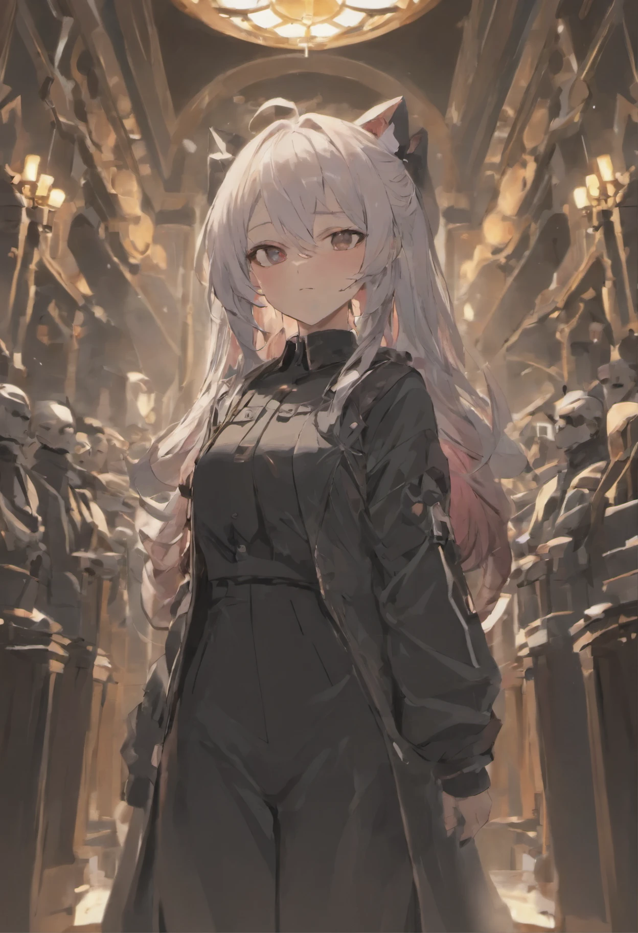 a mature woman,black mask,black mask,haggard and tired,精致带有花纹的black mask重点突出,long white hair,full body picture,leader temperament,Wear a badge,intense shading,The background is dim,The look was serious,overalls,Jacket,Young women,Royal sister,Mask covers face