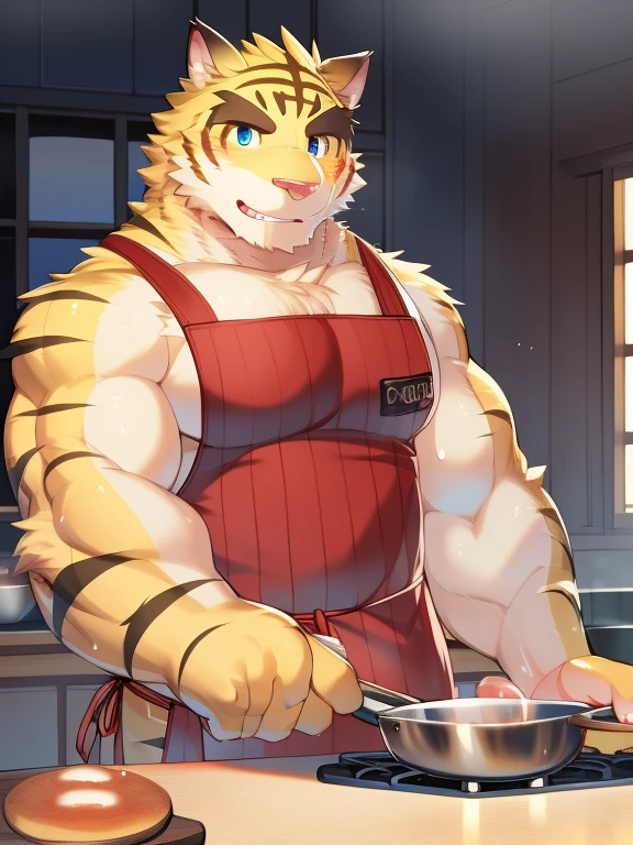 masterpiece, best quality, absurd res, by kiyosan, by null-ghost, furry, male, muscular, solo, looking at viewer, detailed background, kitchen, cooking, apron