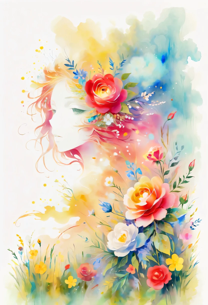 This watercolor flower painting presents an elegant and fresh visual effect。Wildflowers and roses in the field，Forming the perfect combination of nature and romance。The screen is dominated by a white background，Highlight isolated watercolor flower。Splash technology recreates wet conditions，The atmosphere seems vague and dreamy。Unique composition and abstract expression add to the artistic feel of the picture，Contains elements of surrealism。The overall color tone is mainly light tones，Red and gold complement each other，Show high-resolution details。The splash-ink effect adds a touch of agility to the picture，The light color gives the flowers a deep and restrained beauty.