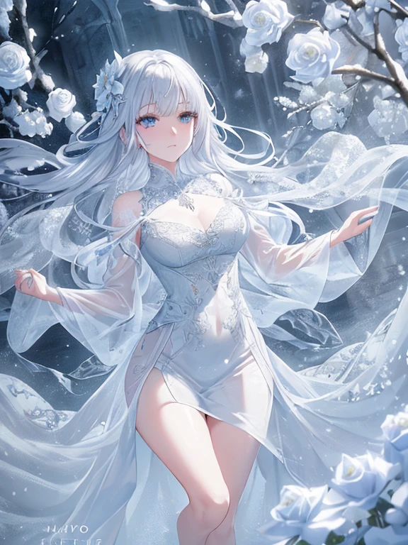Paradise in Heaven, White lighting,(muste piece), (best quality), (cinematic), 8K, (art station),(長いwhite hairとSilvery eyesを持つ1人の女), (beautiful delicate face)、[Frozen trees々], [landscape crystal], [lighting], [Ethereal Atmosphere:1.1], [fantasy, short story] ,[soft なlighting] 、(+cinematic shot:1.2)、 [+art station] 、[+luminous white background] 、 [soft glow] 、(Creative and dynamic angles:1.3), [+Crystal Toning] 、muste piece, very detailed, Super detailed, solo, (pale skin), Silvery eyes, white hair, (snow background), (snowflake rosen flower:1.0), (shining crystal), (Snowy ground), (White lashes), sexy woman、dreamy and detailed, Gorgeous setting, 妖しい雰囲気 muste piece, The most beautiful scenes, majestic、(((full of white flowers)))、quiet and serene atmosphere、attractive, all white tones,Inside the crystal library,Transparent flowers and falling snow，Many white roses are planted,(water flowing,waterfall,water bloom),The decoration is also carefully done.,dream（very detailedです，creative design，crisp and precise lines，K HD，best quality，master piece，超High resolution，In 4K）、Diverse poses、((beautiful white flower hair ornament))、beautiful hairstyle、(best quality, In 4K, 8K, High resolution, muste piece:1.2), Super detailed, detailed expression, graceful posture, expressive brush strokes, mysterious atmosphere, artistic interpretation,Delicate floral jewelry， (((Detailed design、Beautiful lace translucent dress、see-through small dress)))、(SFW:1.5), (oversized breasts, best body proportions, proportions of large breasts,:1.5),(white decoration on thigh)、((Beautiful crystal accessories on the legs))。((Beautiful crystal accessories on the arm))