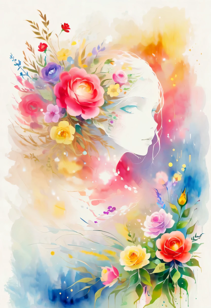This watercolor flower painting presents an elegant and fresh visual effect。Wildflowers and roses in the field,Forming the perfect combination of nature and romance。The screen is dominated by a white background,Highlight isolated watercolor flower。Splash technology recreates wet conditions,The atmosphere seems vague and dreamy。Unique composition and abstract expression add to the artistic feel of the picture,Contains elements of surrealism。The overall color tone is mainly light tones,Red and gold complement each other,Show high-resolution details。The splash-ink effect adds a touch of agility to the picture,The light color gives the flowers a deep and restrained beauty.