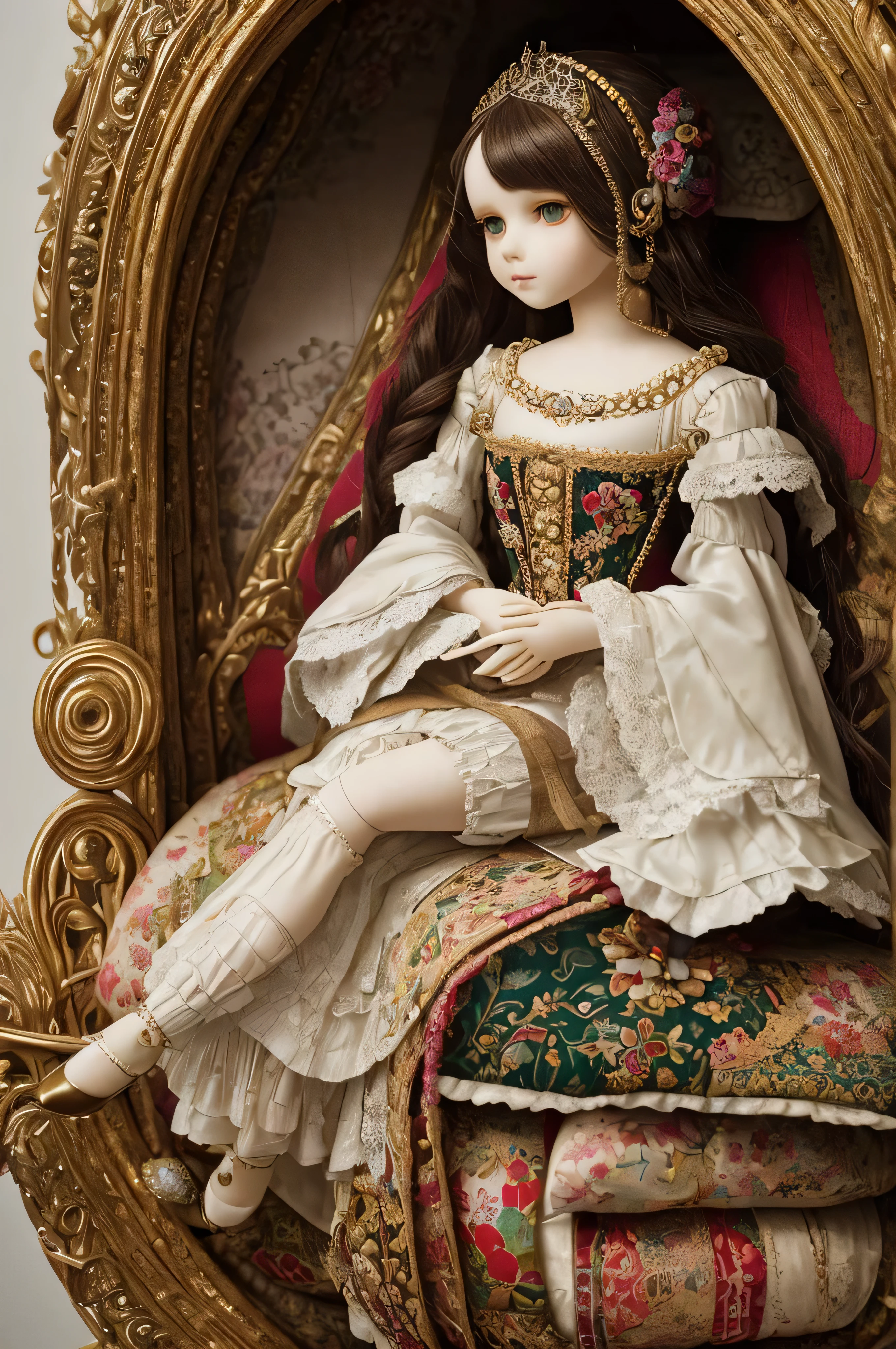 a close up of a doll sitting on a bed with a lot of pillows, artdoll, inspired by Richard Dadd, patchwork doll, highly conceptual figurative art, intricate fantasy, perched on intricate throne, esao andrews : : ornate, alexandra fomina, hana alisa omer, furnished with fairy furniture, natalie shau, sitting on intricate throne, by Barbara Balmer