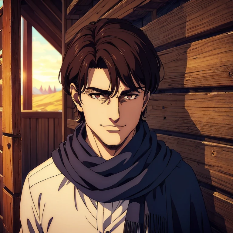 (best quality,4k,,masterpiece:1.2),ultra-detailed,realistic,photorealistic:1.37,male character,brown eyes,black medium hair,blue scarf,sharp jawline, he is smiling, behind him a small cabin, he is attractive and handsome