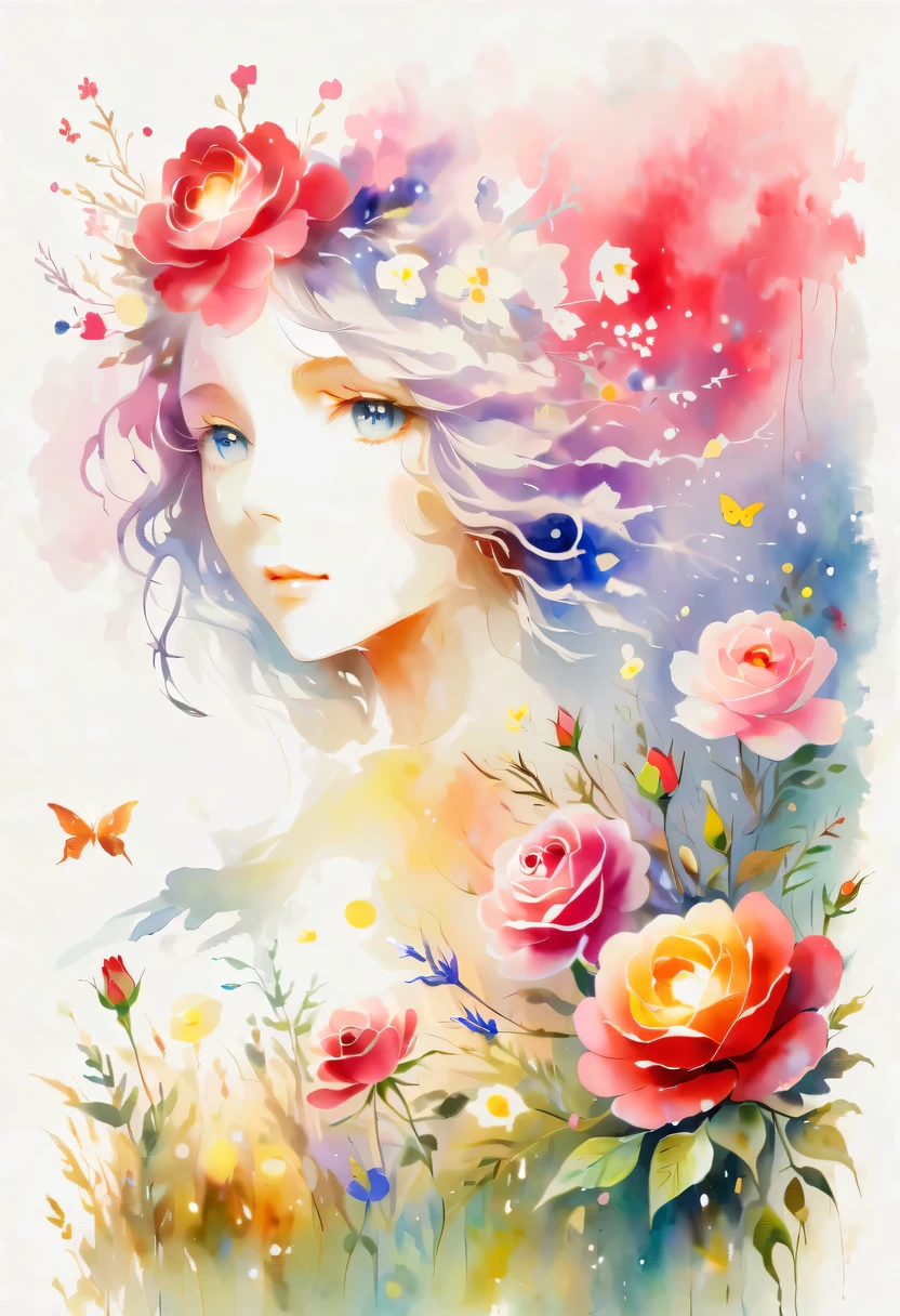 This watercolor flower painting presents an elegant and fresh visual effect。Wildflowers and roses in the field，Forming the perfect combination of nature and romance。The screen is dominated by a white background，Highlight isolated watercolor flower。Splash technology recreates wet conditions，The atmosphere seems vague and dreamy。Unique composition and abstract expression add to the artistic feel of the picture，Contains elements of surrealism。The overall color tone is mainly light tones，Red and gold complement each other，Show high-resolution details。The splash-ink effect adds a touch of agility to the picture，The light color gives the flowers a deep and restrained beauty.