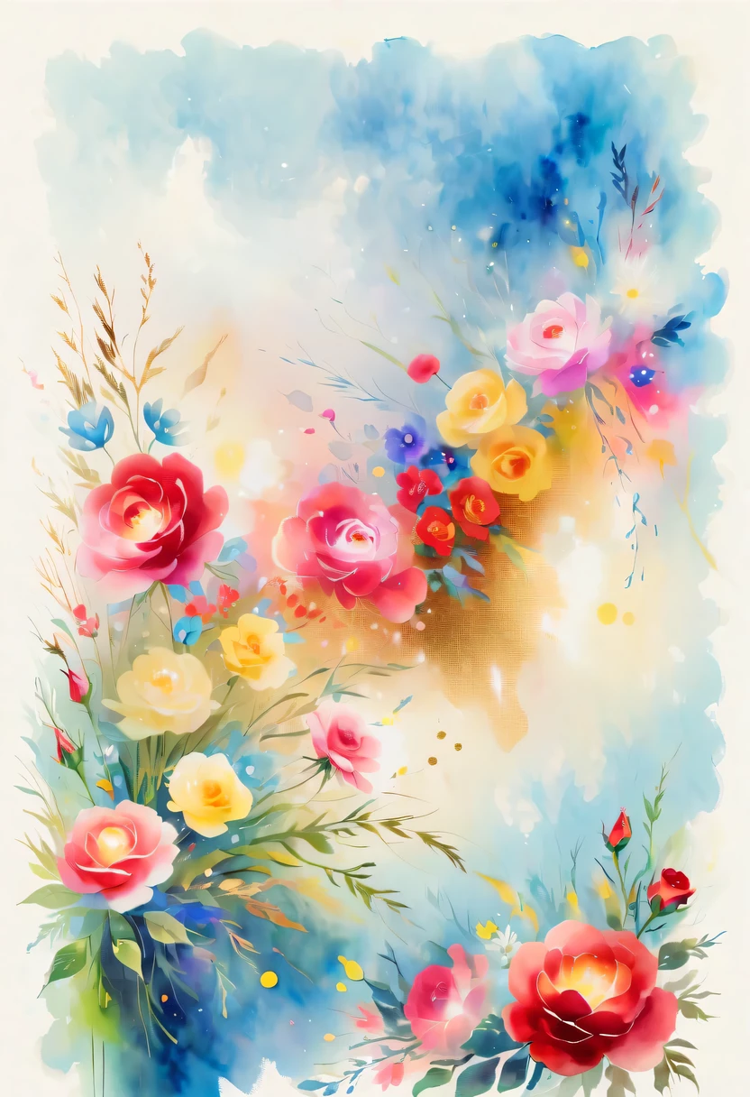 This watercolor flower painting presents an elegant and fresh visual effect。Wildflowers and roses in the field，Forming the perfect combination of nature and romance。The screen is dominated by a white background，Highlight isolated watercolor flower。Splash technology recreates wet conditions，The atmosphere seems vague and dreamy。Unique composition and abstract expression add to the artistic feel of the picture，Contains elements of surrealism。The overall color tone is mainly light tones，Red and gold complement each other，Show high-resolution details。The splash-ink effect adds a touch of agility to the picture，The light color gives the flowers a deep and restrained beauty.