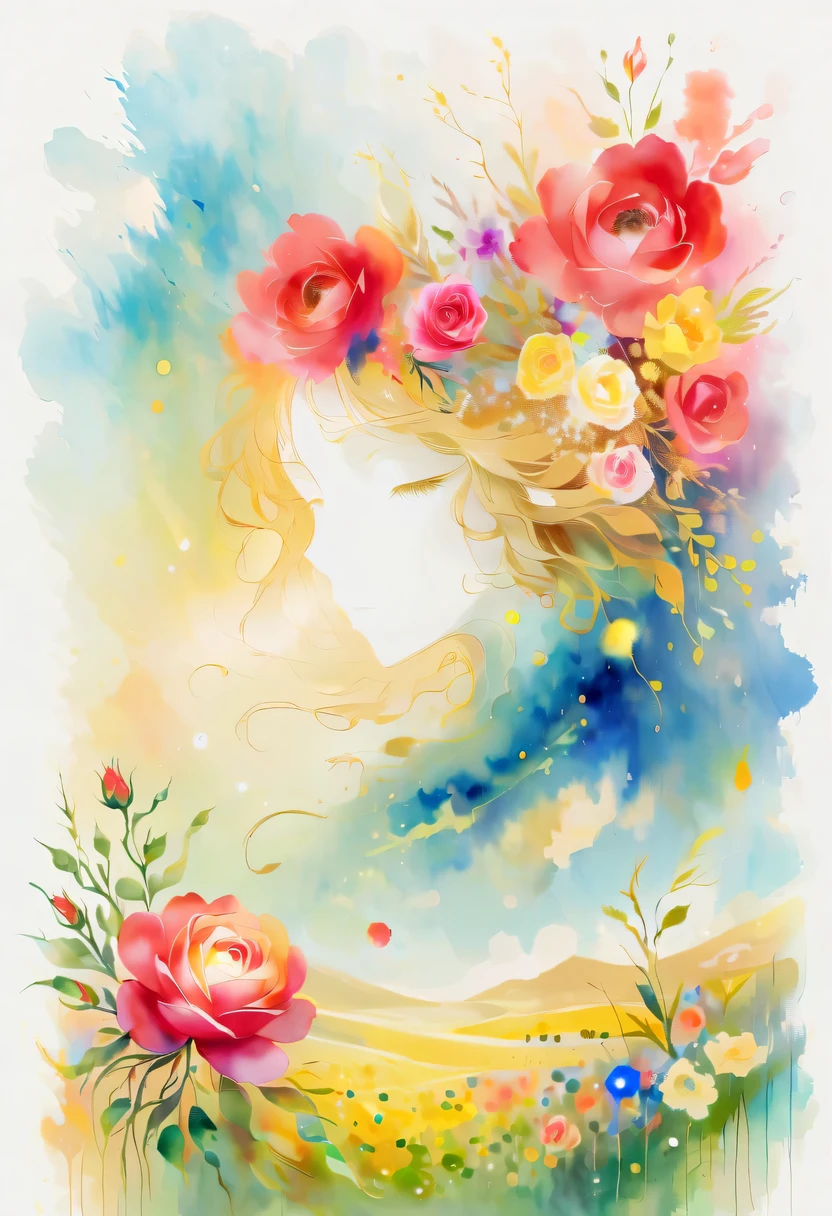 This watercolor flower painting presents an elegant and fresh visual effect。Wildflowers and roses in the field，Forming the perfect combination of nature and romance。The screen is dominated by a white background，Highlight isolated watercolor flower。Splash technology recreates wet conditions，The atmosphere seems vague and dreamy。Unique composition and abstract expression add to the artistic feel of the picture，Contains elements of surrealism。The overall color tone is mainly light tones，Red and gold complement each other，Show high-resolution details。The splash-ink effect adds a touch of agility to the picture，The light color gives the flowers a deep and restrained beauty.