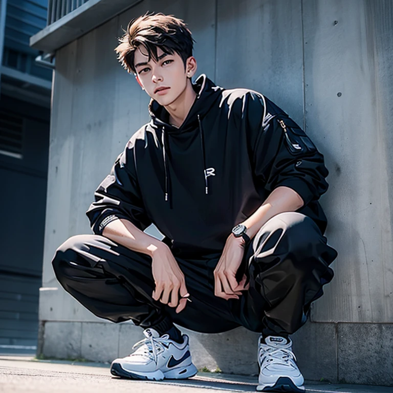 2 young Korean men,male,20 years old,High,Height 180 cm,Hair is medium length,Black sweatshirt,Black cargo pants,White high top sneakers,White sport socks,Badass anime 4k ,POV perspective,Proud,Cold,looking into camera,