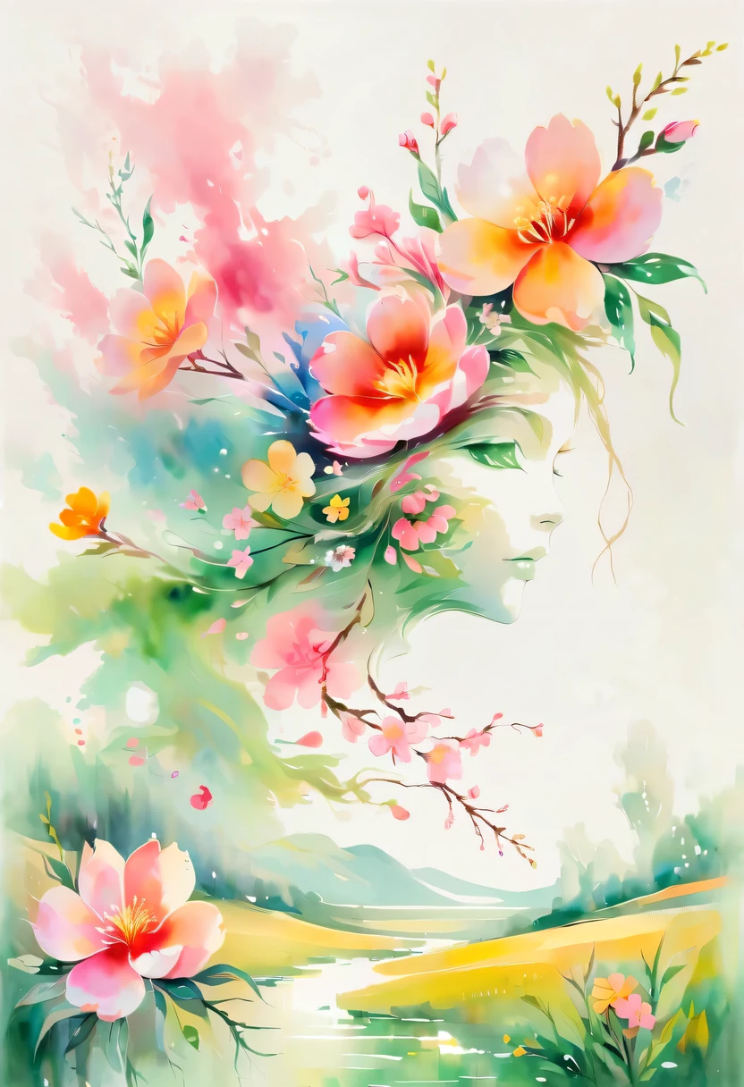 This watercolor flower painting presents an elegant and fresh visual effect。Wild flowers and peach blossoms intertwined in the fields，Forming the perfect combination of nature and romance。The screen is dominated by a white background，Highlight isolated watercolor flower。Splash technology recreates wet conditions，The atmosphere seems vague and dreamy。Unique composition and abstract expression add to the artistic feel of the picture，Contains elements of surrealism。The overall color tone is mainly light tones，Pale pink and green complement each other，Show high-resolution details。The splash-ink effect adds a touch of agility to the picture，The light color gives the flowers a deep and restrained beauty.。