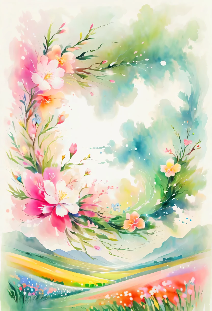 This watercolor flower painting presents an elegant and fresh visual effect。Wild flowers and peach blossoms intertwined in the fields，Forming the perfect combination of nature and romance。The screen is dominated by a white background，Highlight isolated watercolor flower。Splash technology recreates wet conditions，The atmosphere seems vague and dreamy。Unique composition and abstract expression add to the artistic feel of the picture，Contains elements of surrealism。The overall color tone is mainly light tones，Pale pink and green complement each other，Show high-resolution details。The splash-ink effect adds a touch of agility to the picture，The light color gives the flowers a deep and restrained beauty.。