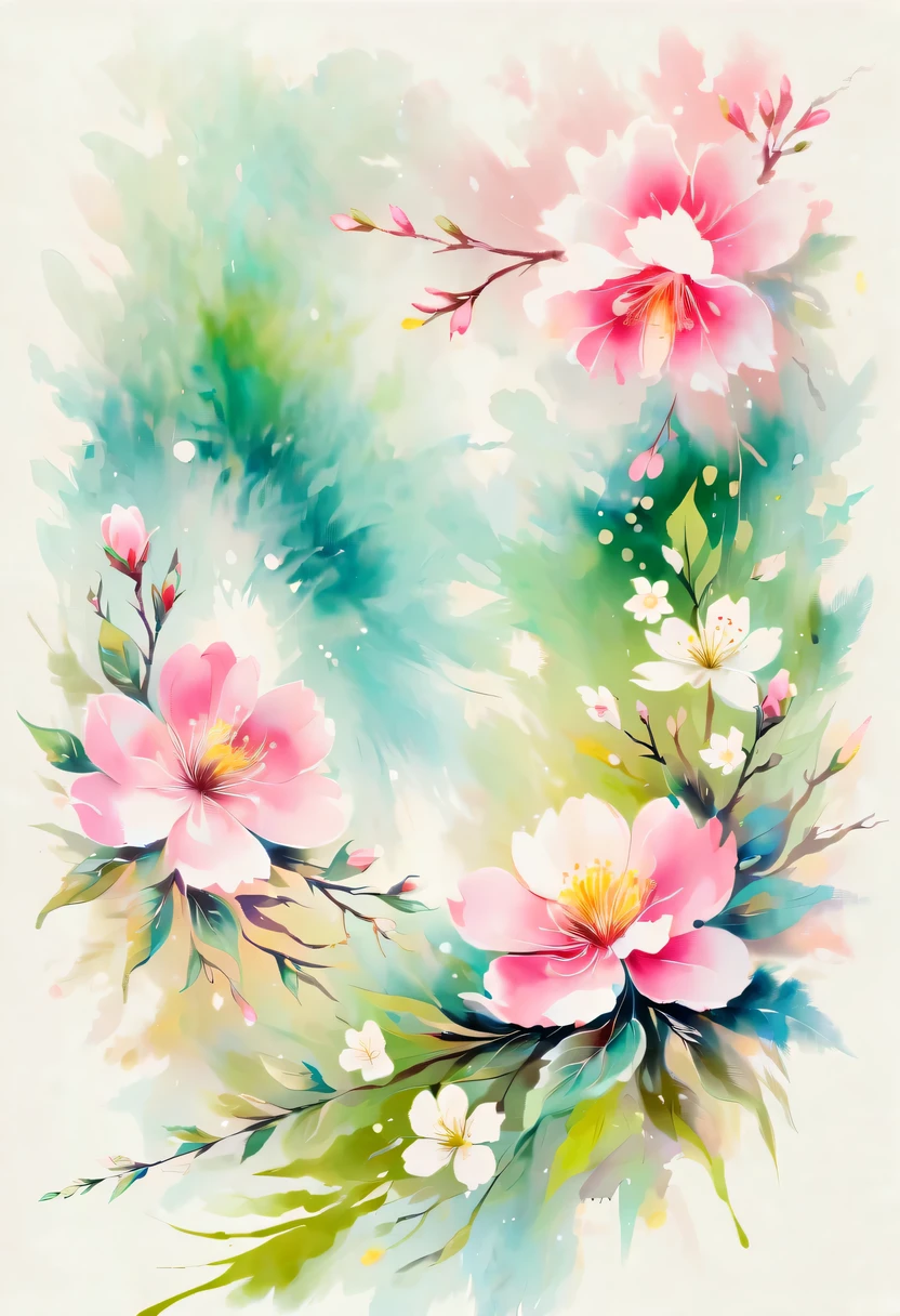 This watercolor flower painting presents an elegant and fresh visual effect。Wild flowers and peach blossoms intertwined in the fields，Forming the perfect combination of nature and romance。The screen is dominated by a white background，Highlight isolated watercolor flower。Splash technology recreates wet conditions，The atmosphere seems vague and dreamy。Unique composition and abstract expression add to the artistic feel of the picture，Contains elements of surrealism。The overall color tone is mainly light tones，Pale pink and green complement each other，Show high-resolution details。The splash-ink effect adds a touch of agility to the picture，The light color gives the flowers a deep and restrained beauty.。