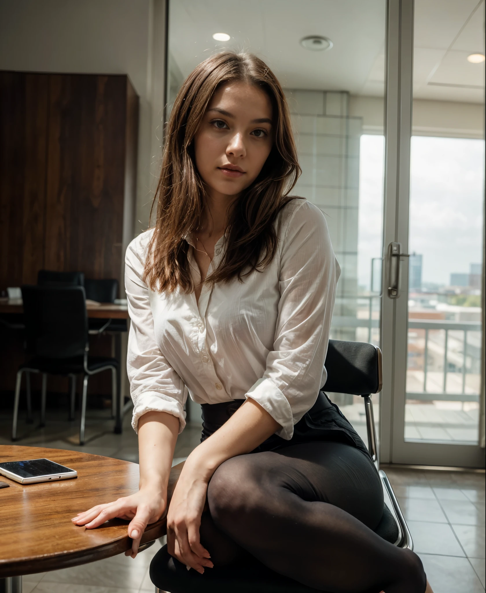 a photo of a beautiful woman, 30 years old, long beautiful hairs, dark brown hair, dark brown eyes, sitting at a table in a conference room, leaning back on her chair, full body, wearing white blouse with rolled up sleeves, wearing tight chino pants, the table is in the foreground, her legs are visible, the view is from 45 degrees from the side from the front, looking in the camera, red lipstic, natural light coomming from a window, there is a wann behind her,  backgorund blurred, cinematic lighting, motion blur, film grain, very detailed, 30 years, dark brown eyes, high-res, masterpiece, best quality, intricate details, highly detailed, sharp focus, detailed skin, realistic skin texture, texture, detailed eyes, professional, 4k, 85mm, shallow depth of field, perfect fit body, extremely detailed, photo_\(ultra\), photorealistic, realistic, post-processing, maximum detail, roughness, real life, ultra realistic, photorealism, photography, 8k uhd, photography (grain of film) medium shot for closeup shot, longer slimer face, perfect face, HANDS ARE HIDDEN, natural legs, wearing tights, natural arms