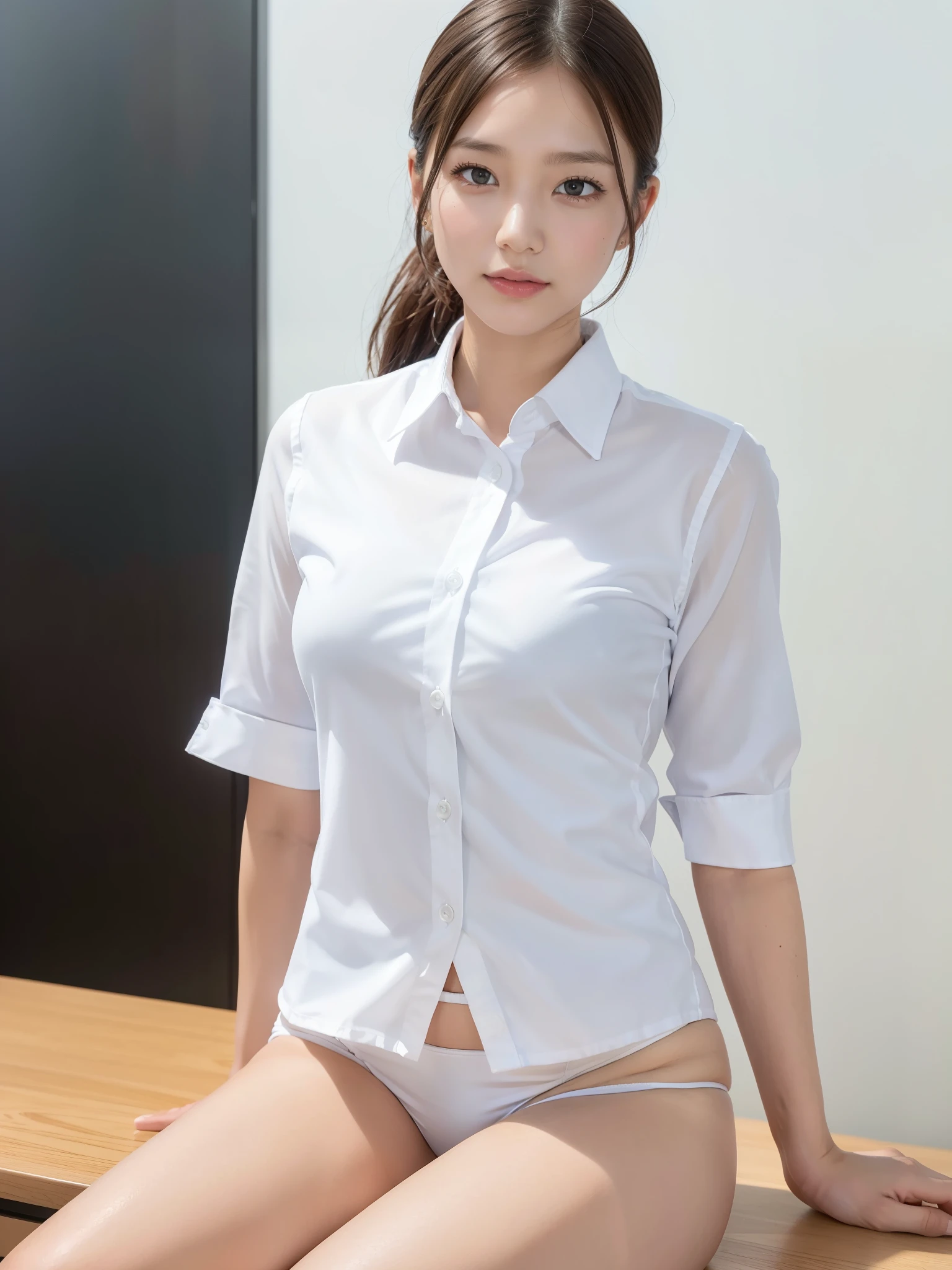 (school uniform shirt, white panties: 1.3), ((of the highest quality, 8K, masutepiece: 1.3, Raw photo)), Sharp Focus: 1.2, (1 AESPA Girl :1.1), (Solo: 1.18), (Realistic, Photorealistic: 1.37), (Face Focus: 1.1), Cute face, hyperdetailed face, Short messy hair, updo, (Small breasts, flat chest, Thigh: 1.1), (sitting, office room: 1.1)